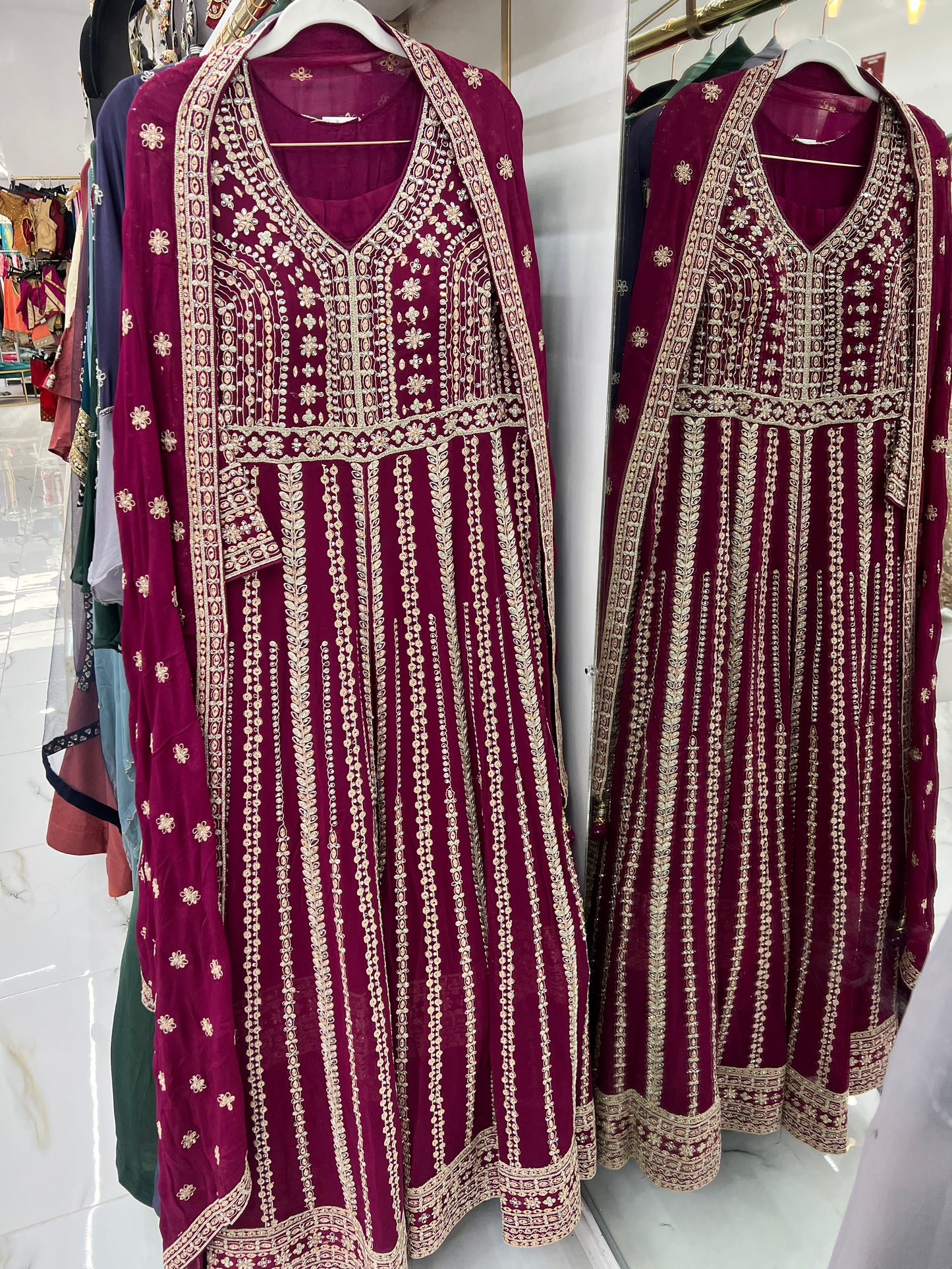 Plum middle slit gown with lehenga shirt