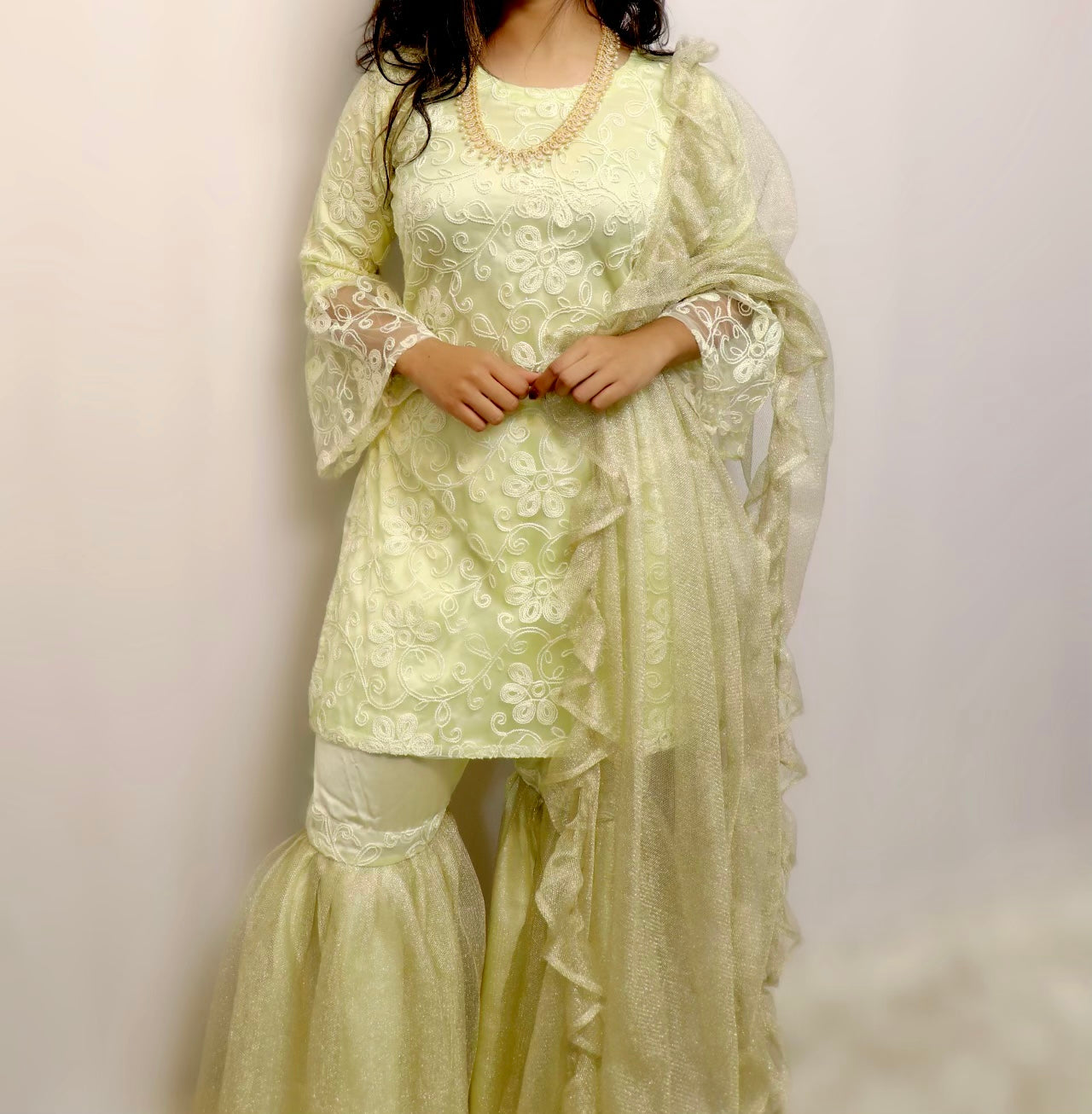 Light yellow net gharara suit