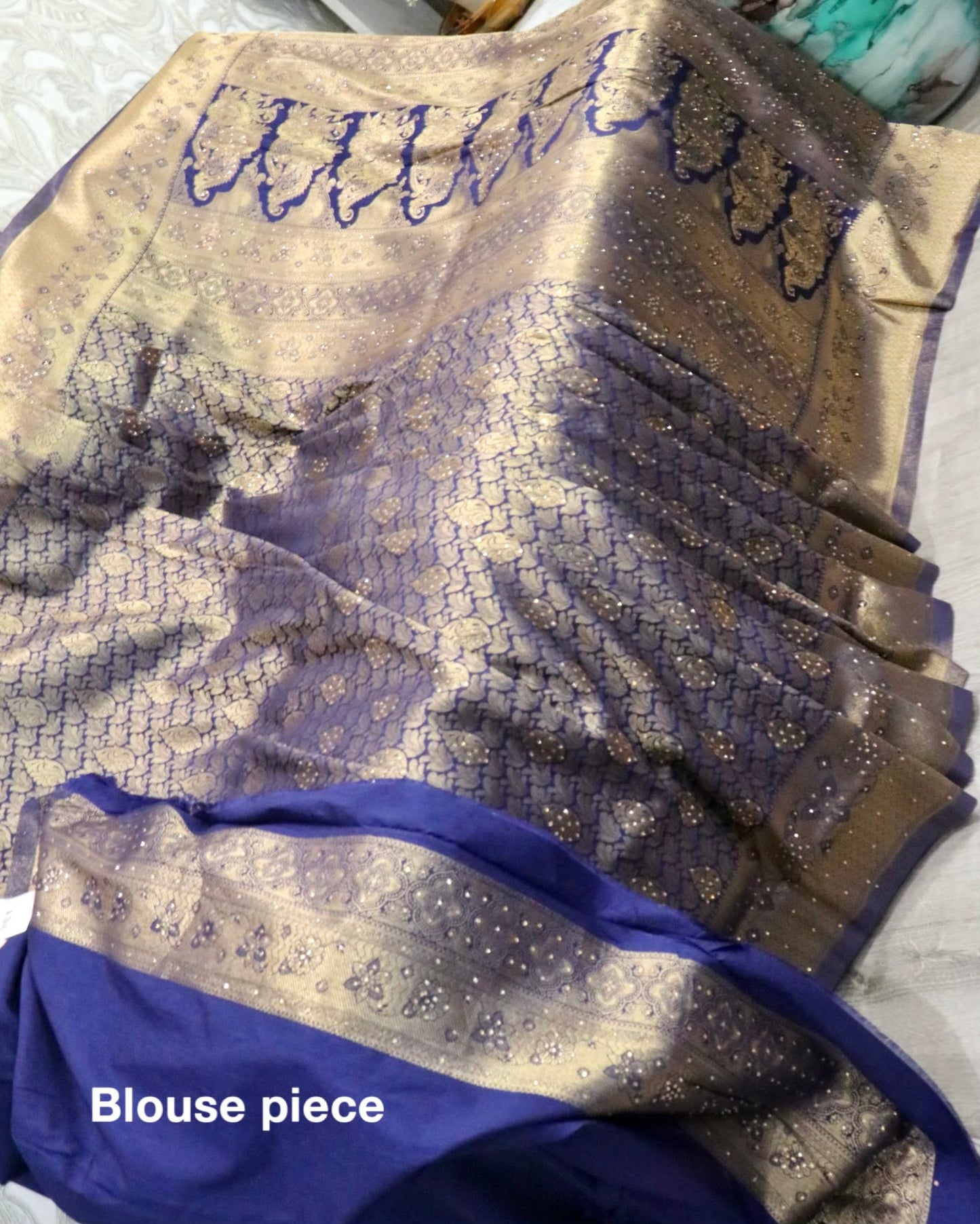 Bridal navy blue silk stone work katan - Selina Habibti Attire