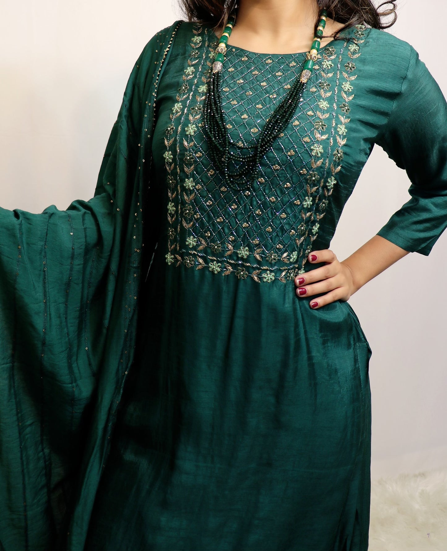 Deep emerald green silk three piece set