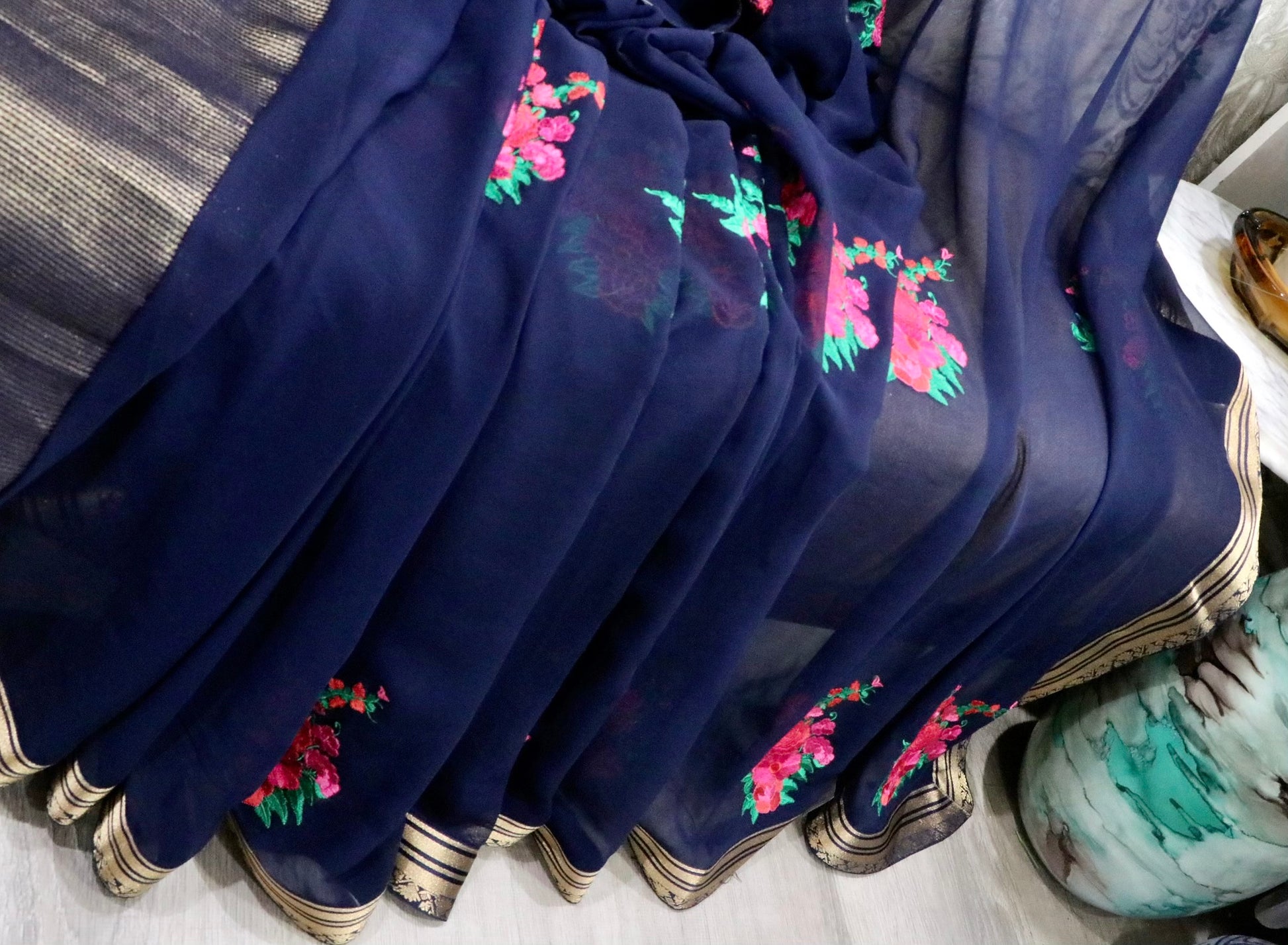 South georgette floral embroidery saree - Selina Habibti Attire