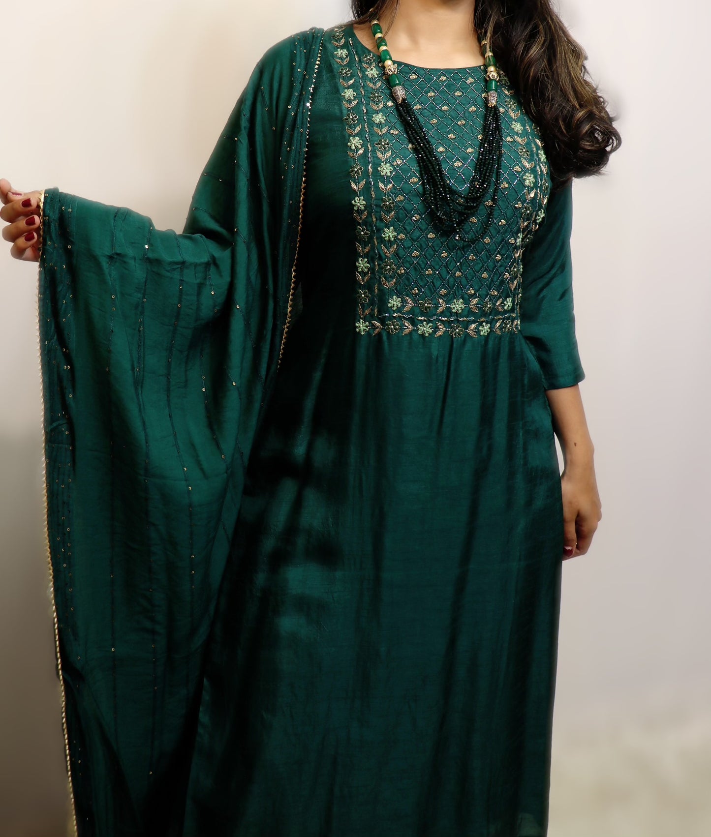 Deep emerald green silk three piece set