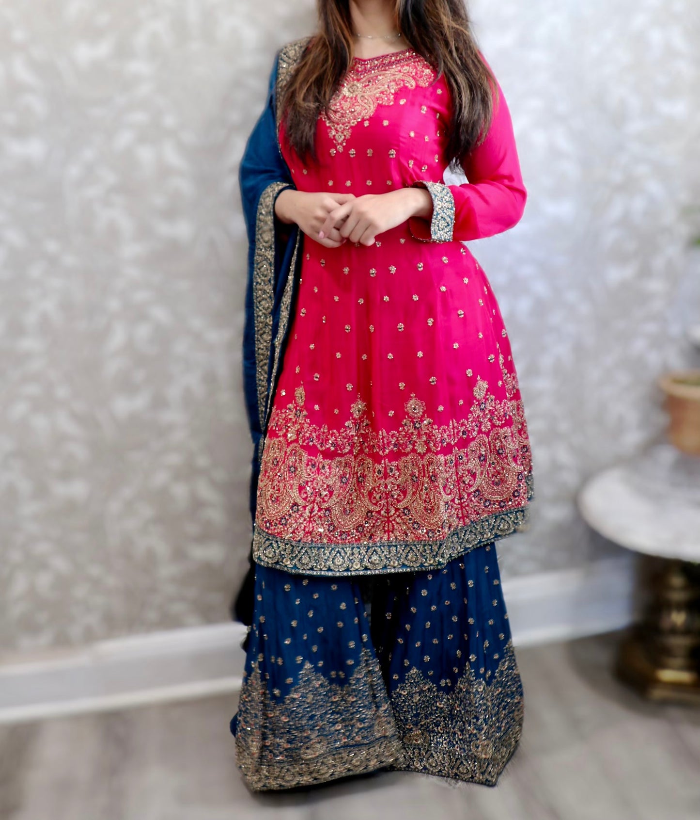 Hot pink and blue combination sharara suit