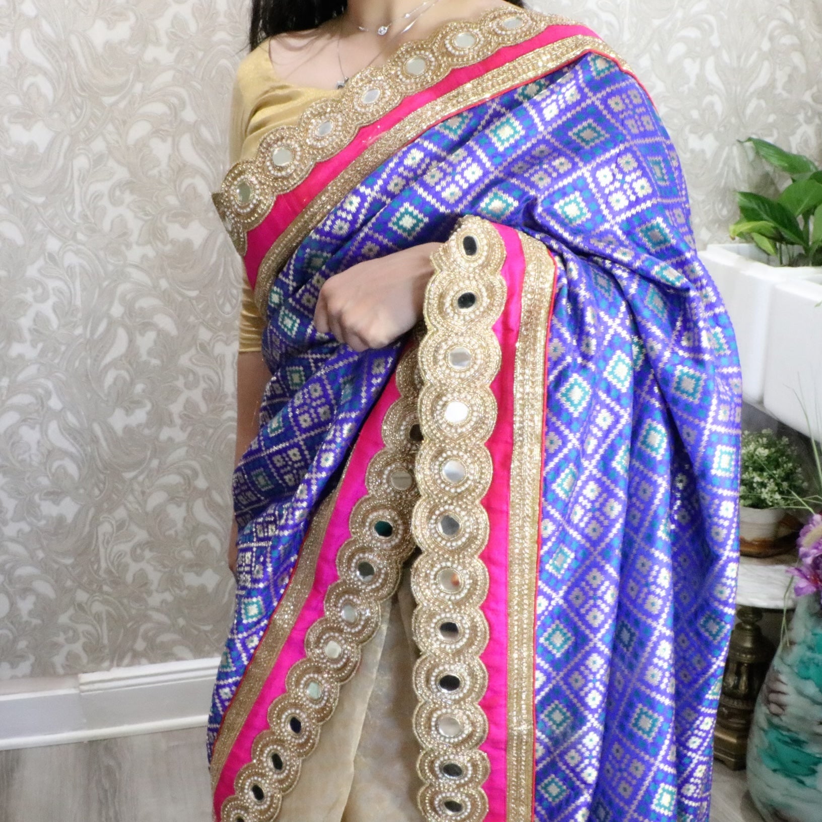 Bridal chunri banarasi katan print saree - Selina Habibti Attire