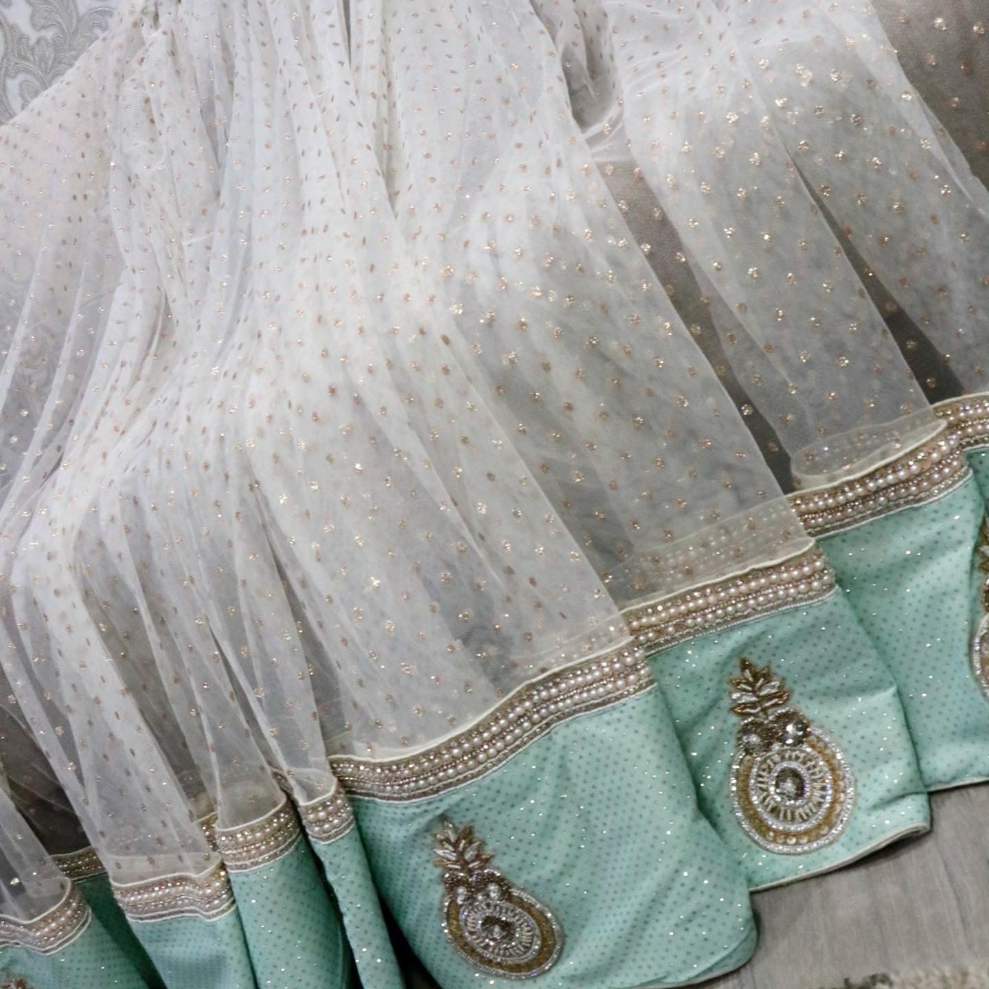 White net saree with mint silk - Selina Habibti Attire