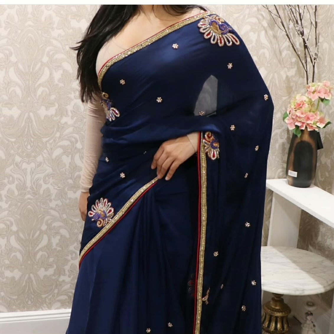Light satin silk stone work party wear saree - Selina Habibti Attire