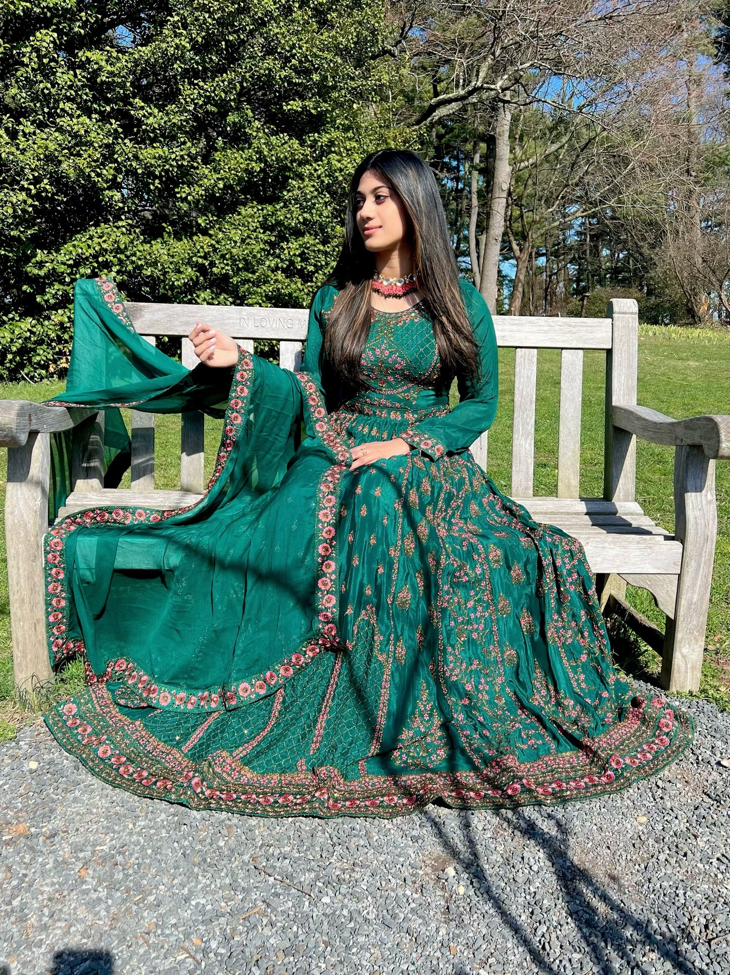 Deep emerald green party gown set
