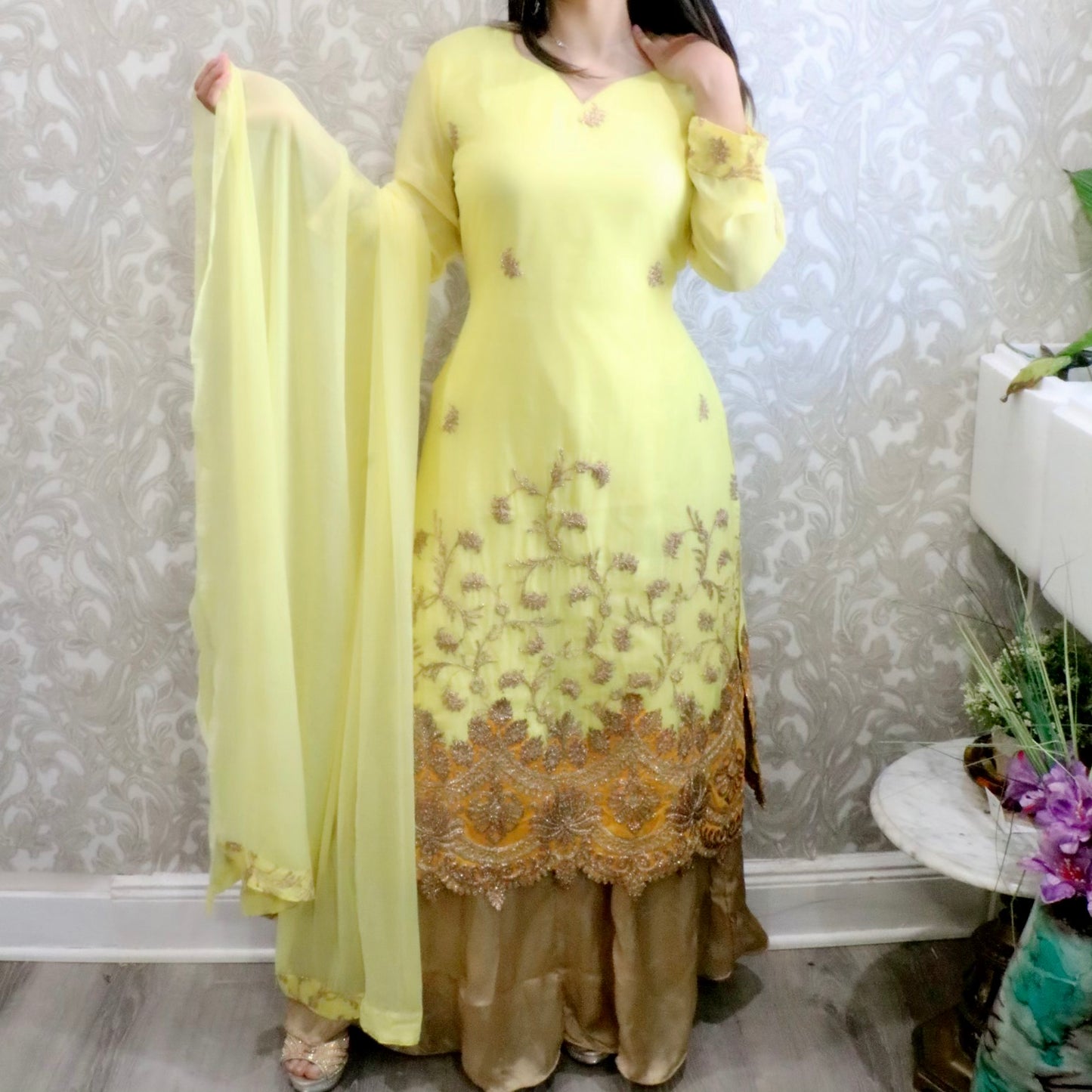 Yellow fancy skirt three piece - Selina Habibti Attire