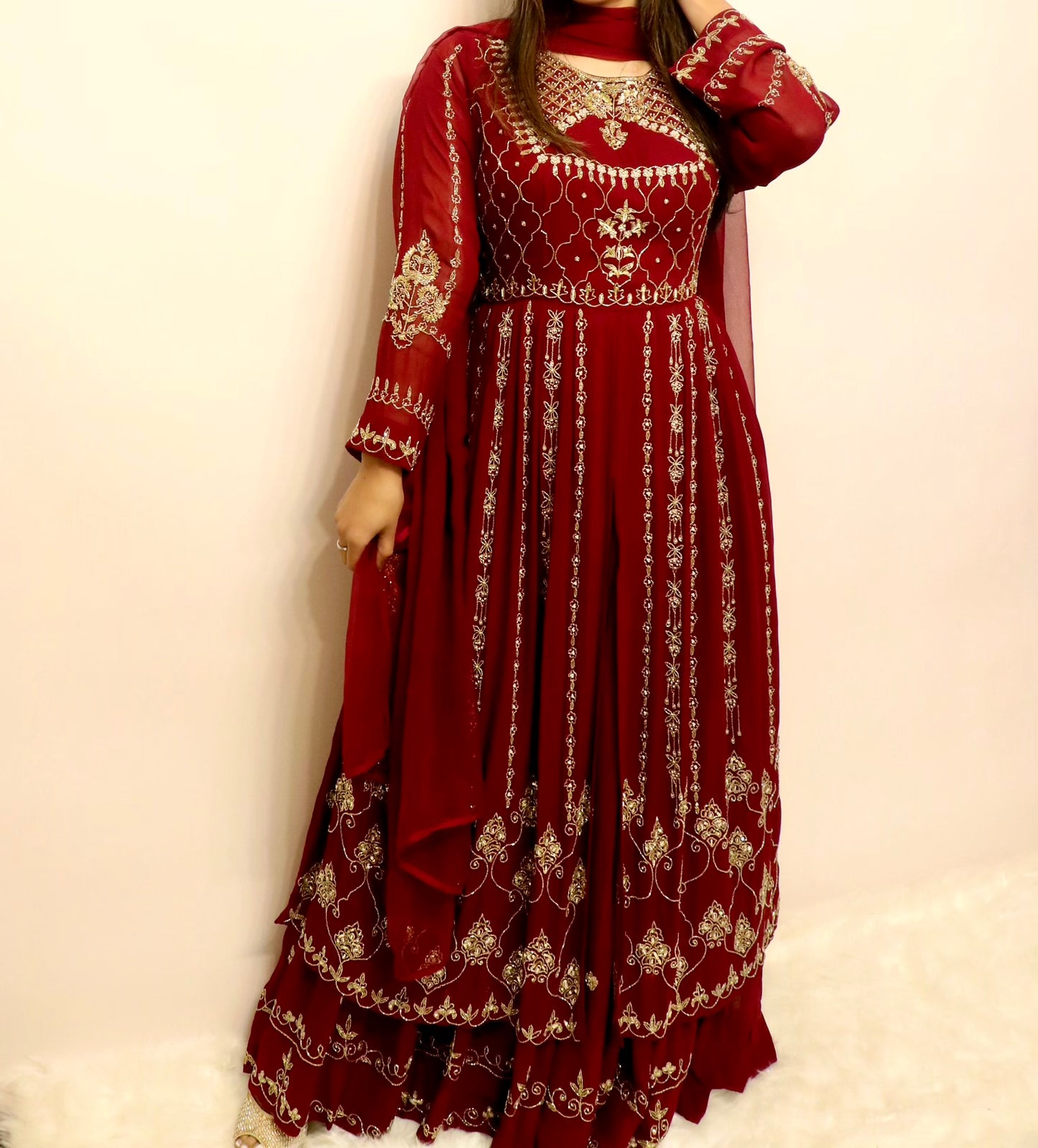 Maroon heavy beaded slit anarkali lehenga