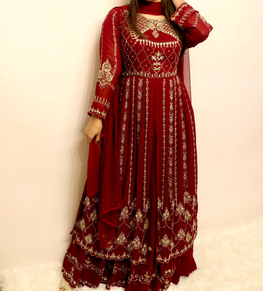 Maroon heavy beaded slit anarkali lehenga