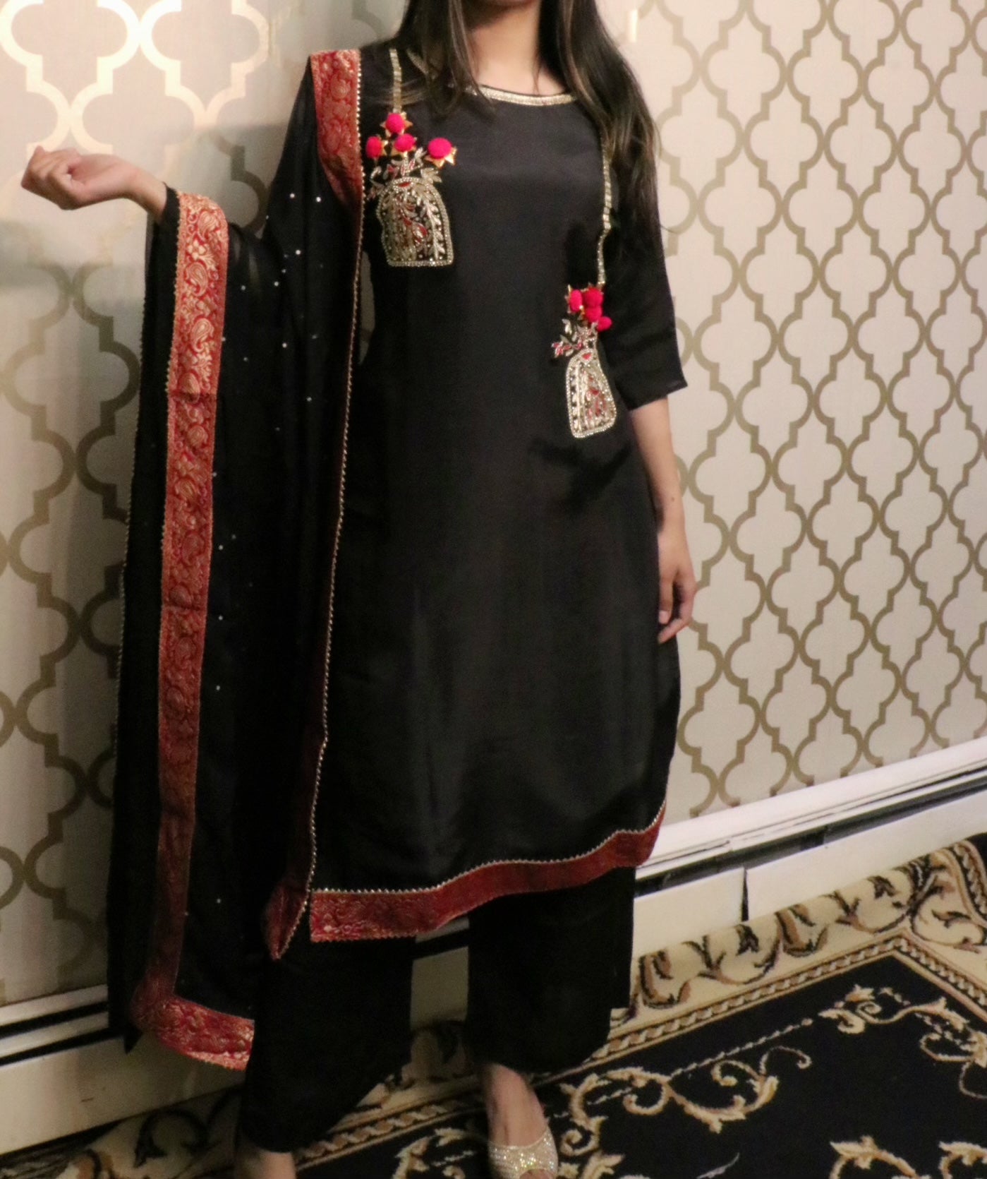 Black & pink silk Banarasi three piece