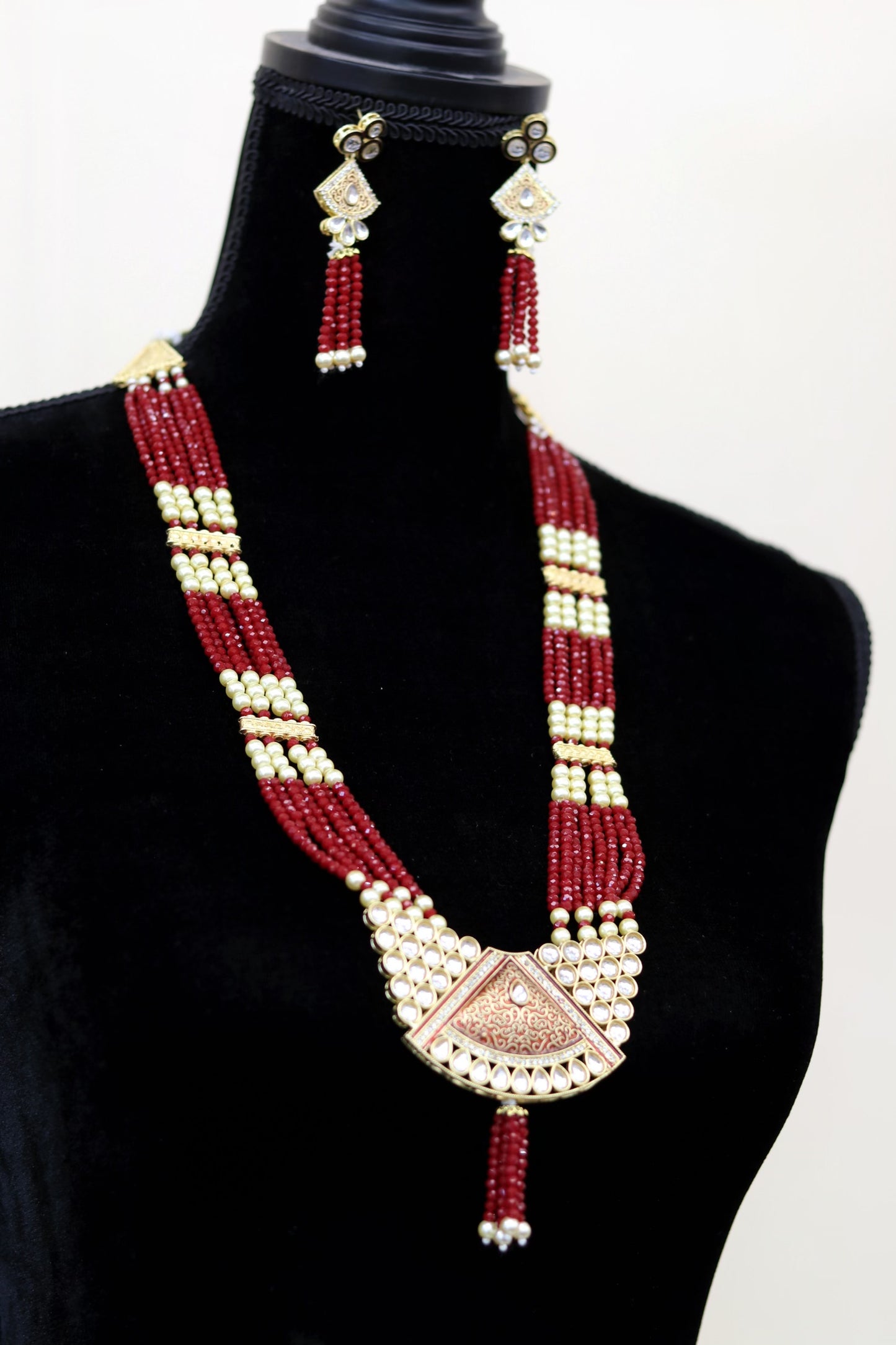 Burgundy pearl bead long necklace set