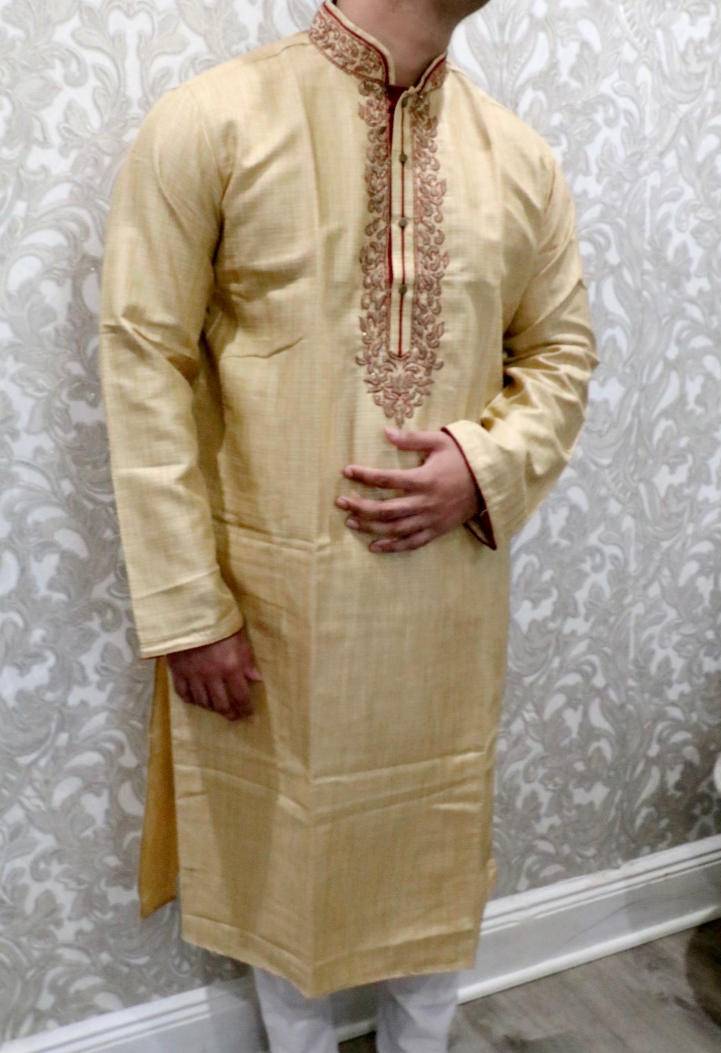 Fancy cream with maroon embroidery kurta - Selina Habibti Attire