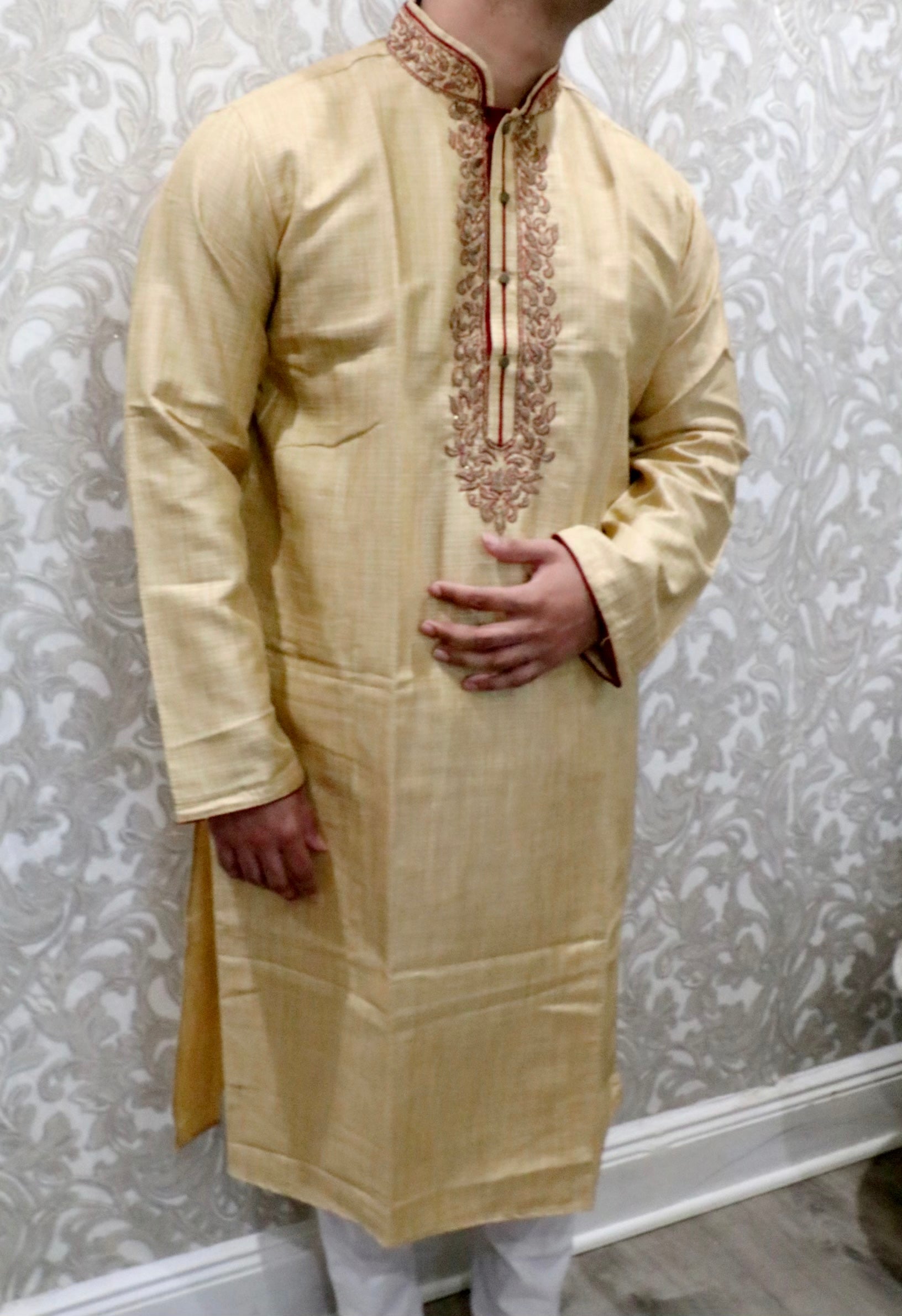 Fancy cream with maroon embroidery kurta - Selina Habibti Attire