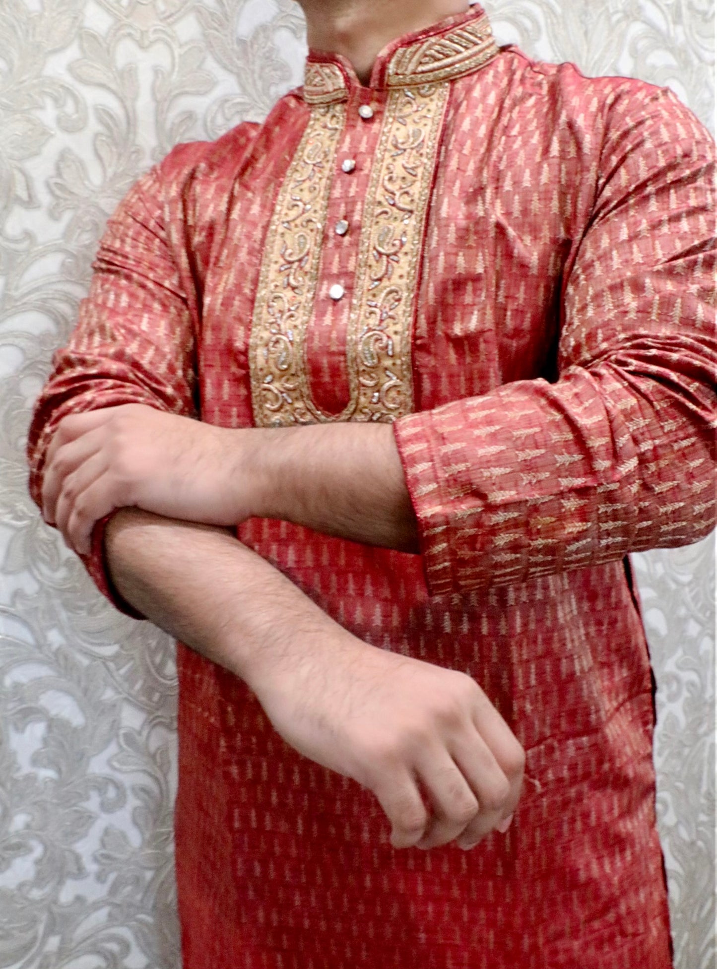 Fancy light red banarasi kurta - Selina Habibti Attire