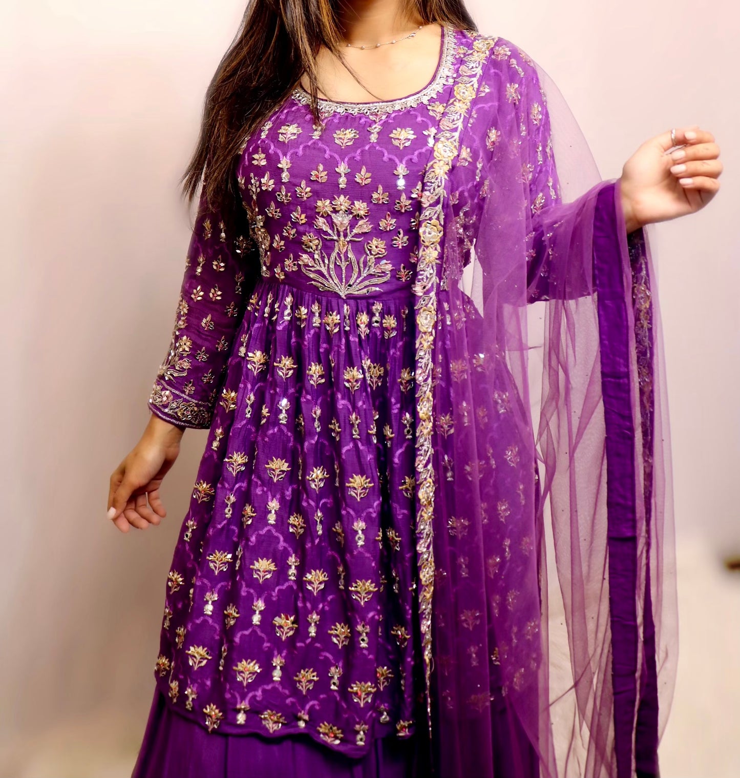 Purple and silver mirror work lehenga