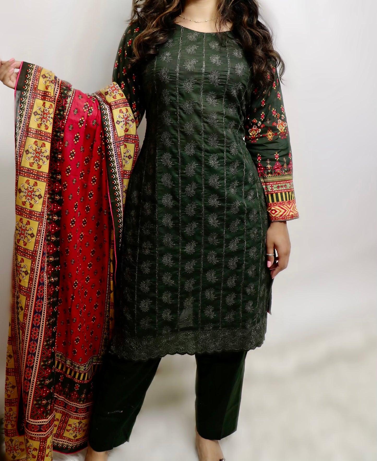Olive green chikankari lawn suit