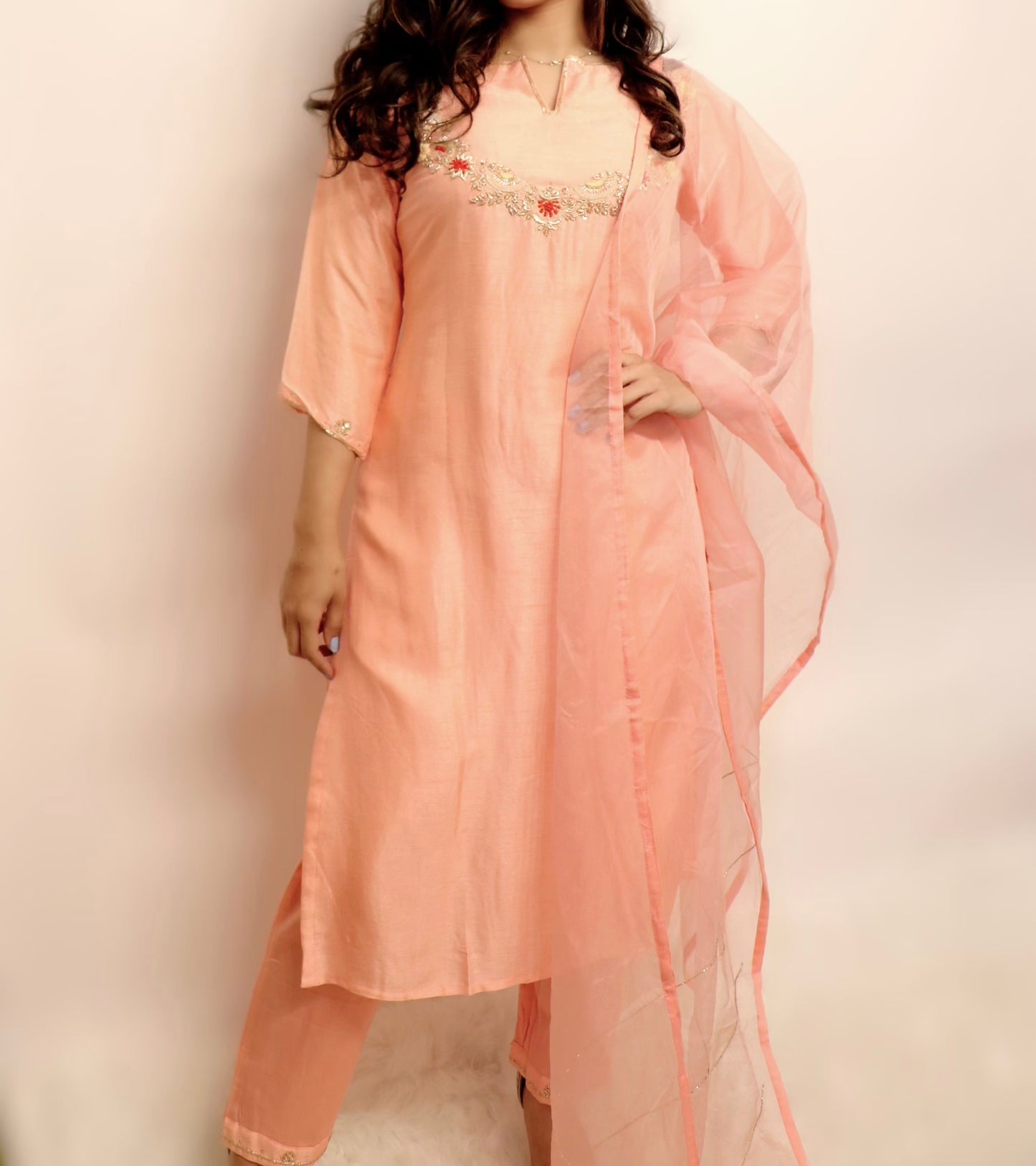 Soft silk pink suit with organza duppata