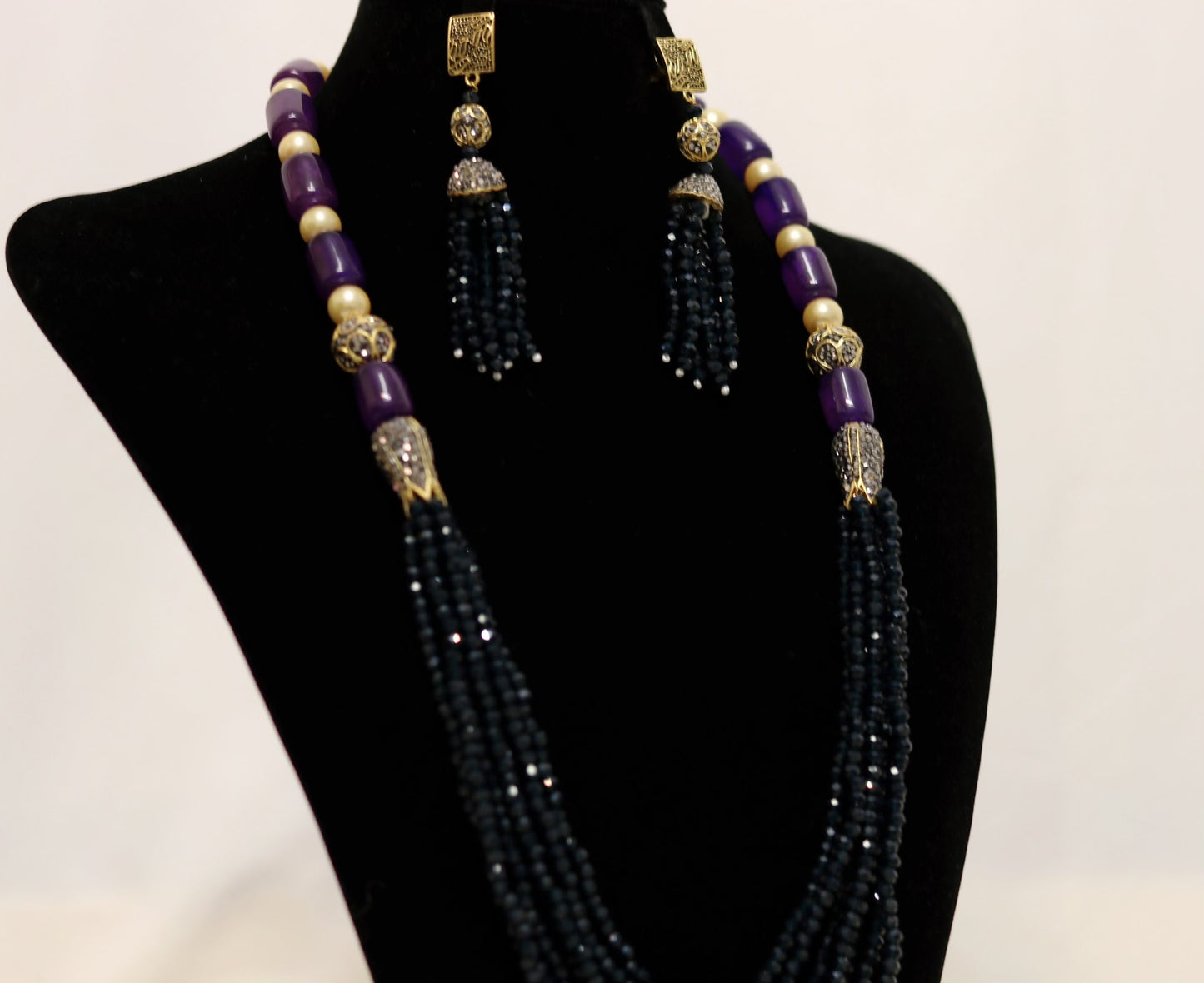 Dark violet blue beaded long necklace set