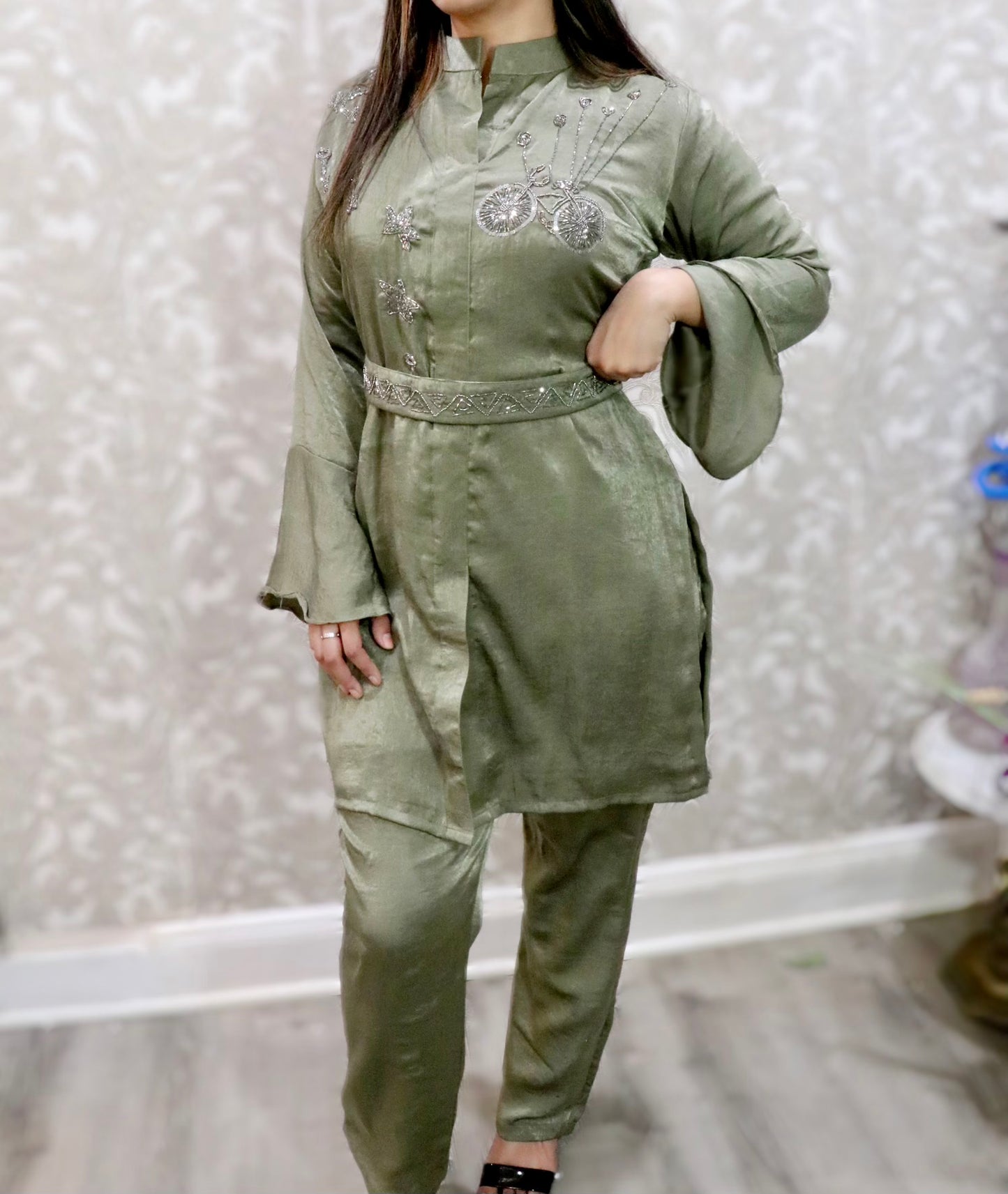 Crepe silk belted shirt pant set