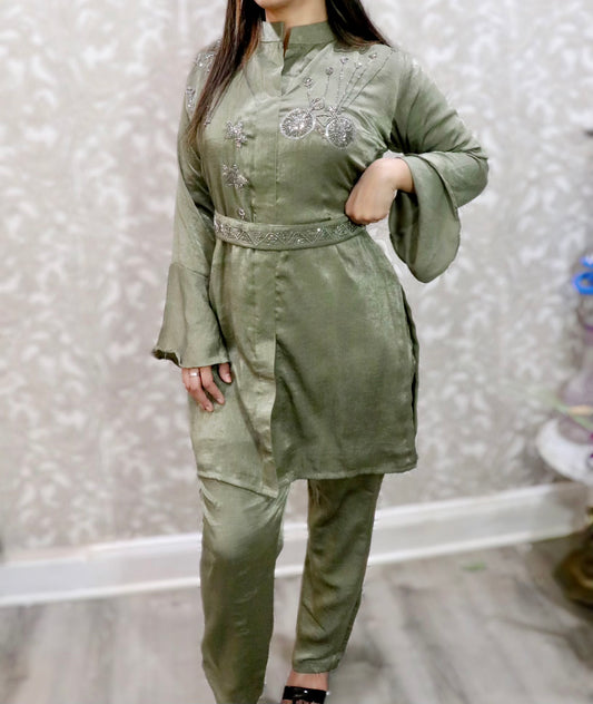 Crepe silk belted shirt pant set