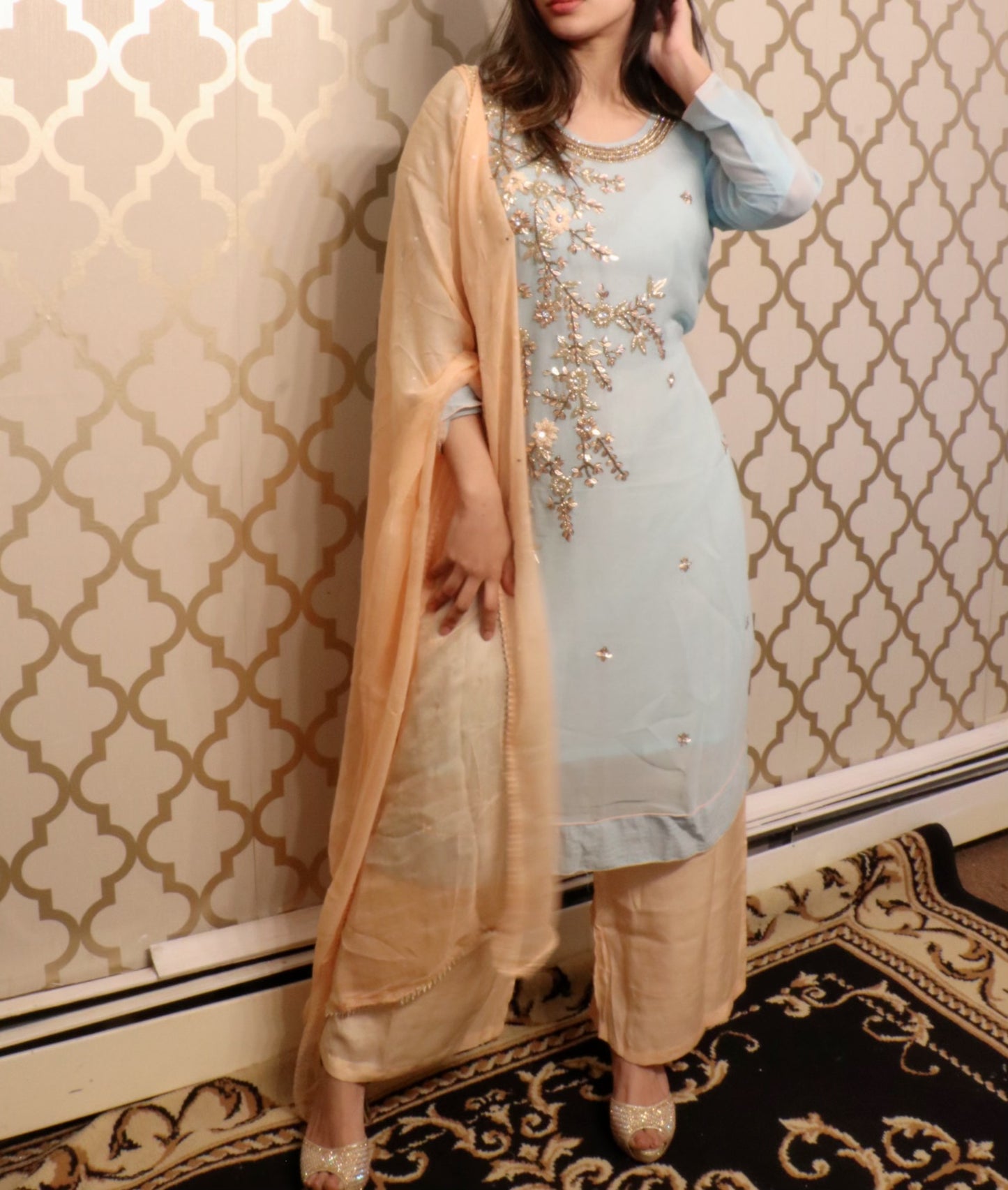Pastel stone work three piece - Selina Habibti Attire