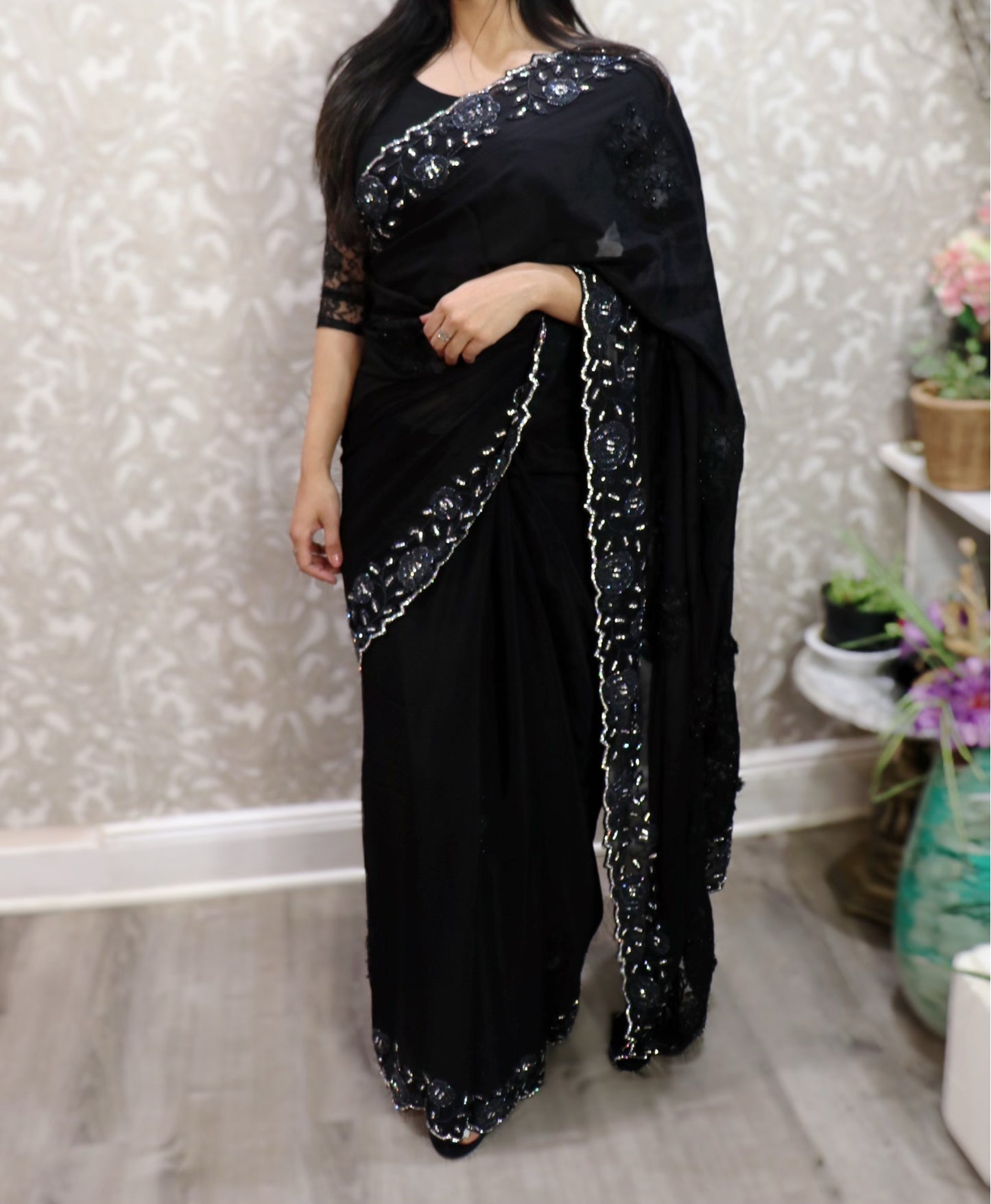 Black silk floral boutique crystal work saree