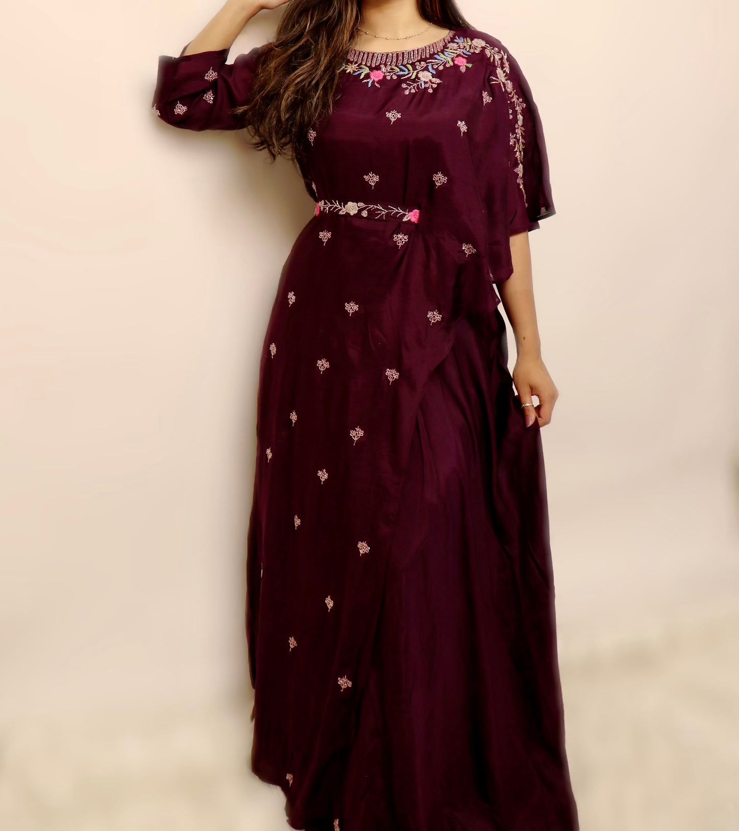 Deep purple belted layered gown