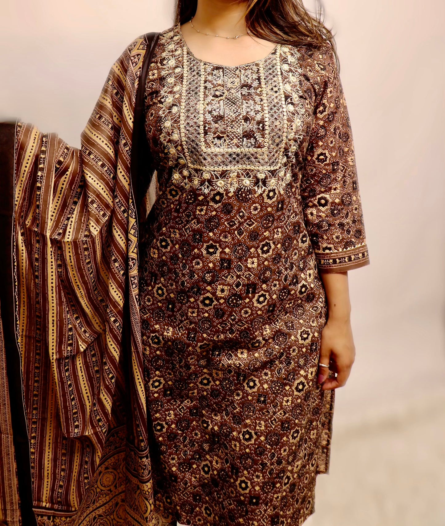 Black and brown printed cotton suit