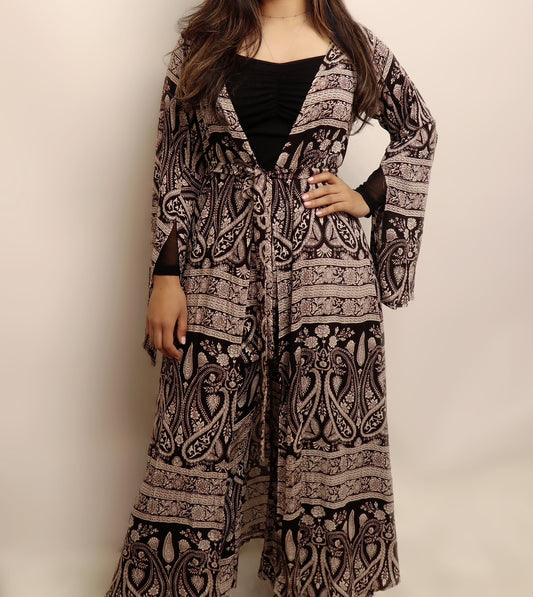 Pant duster set deep brown cream
