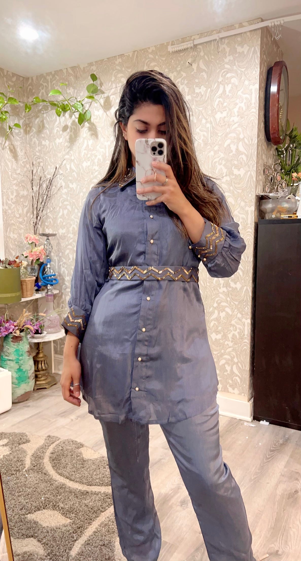 Crepe silk grey belted shirt pant set