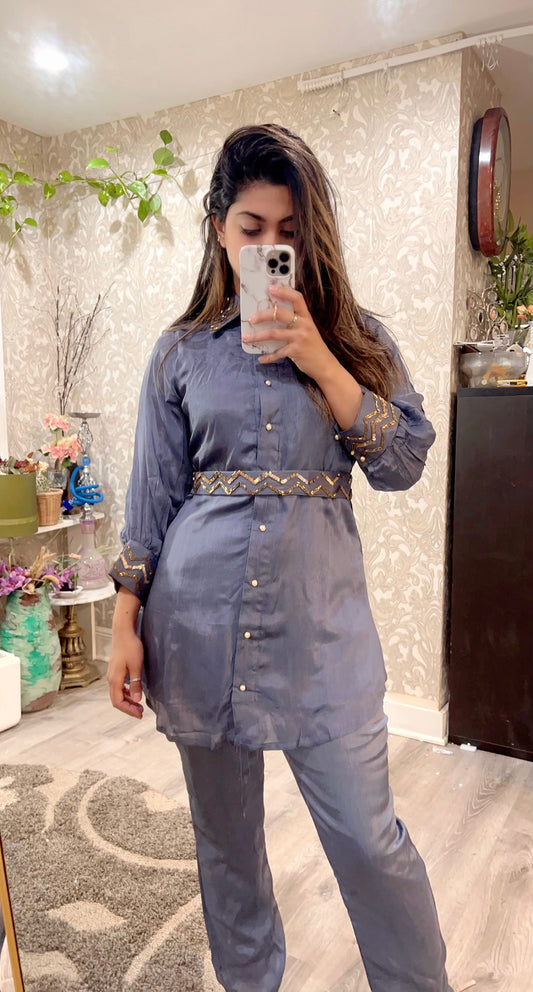 Crepe silk grey belted shirt pant set