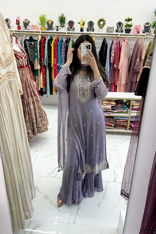Crepe silk grey lavender naira three piece