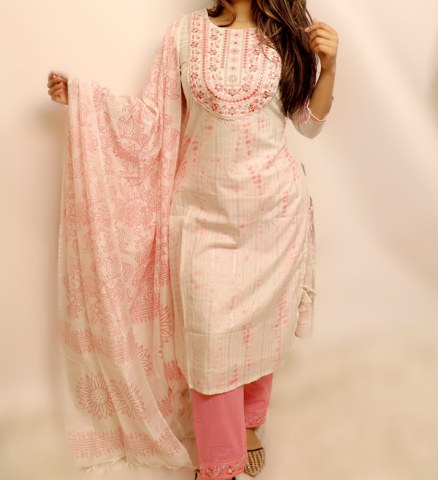 White and pink tie dye cotton suit