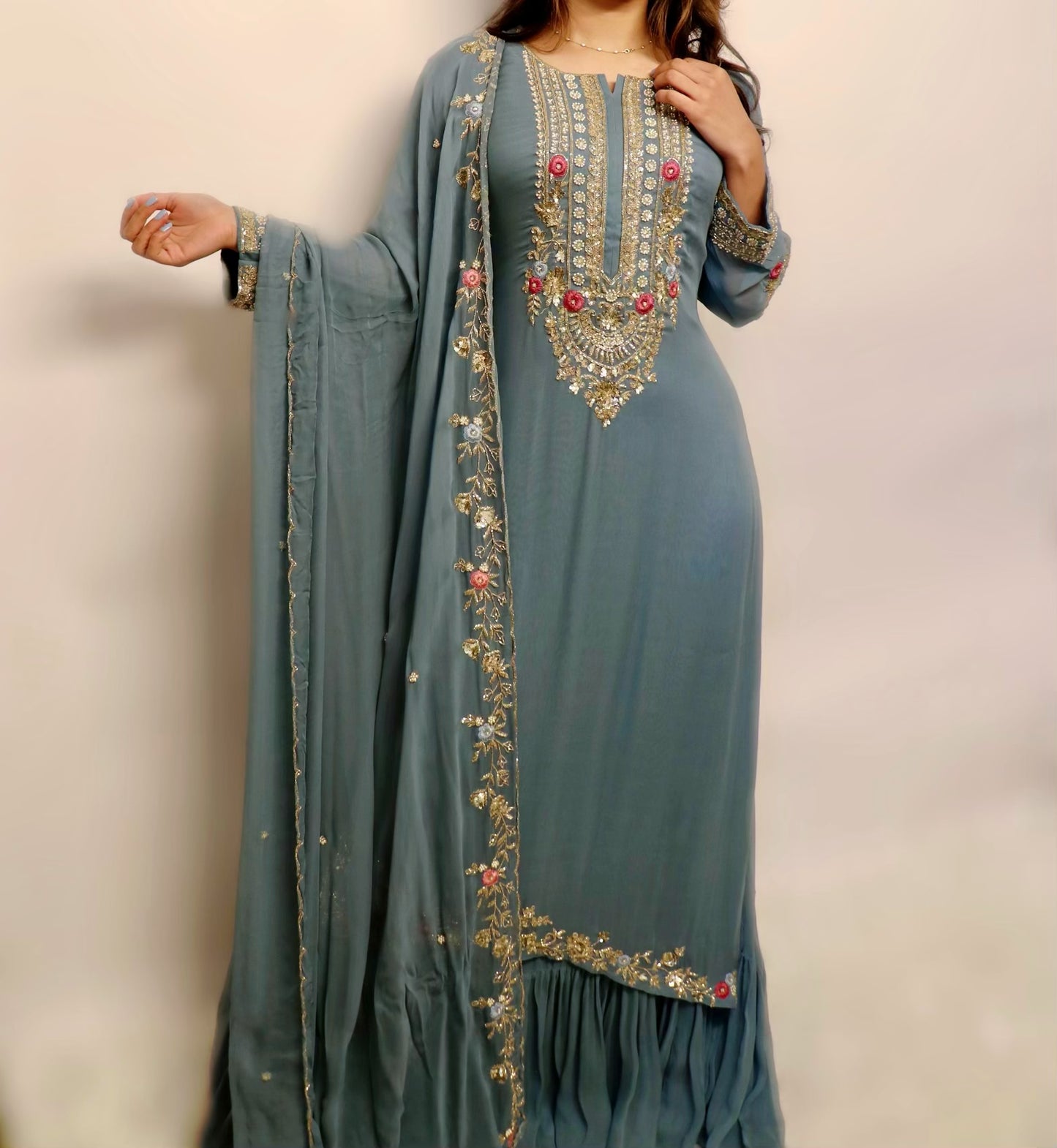 Light blue chiffon double layer suit