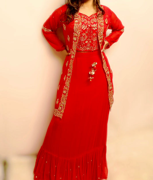 Red short duster style lehenga