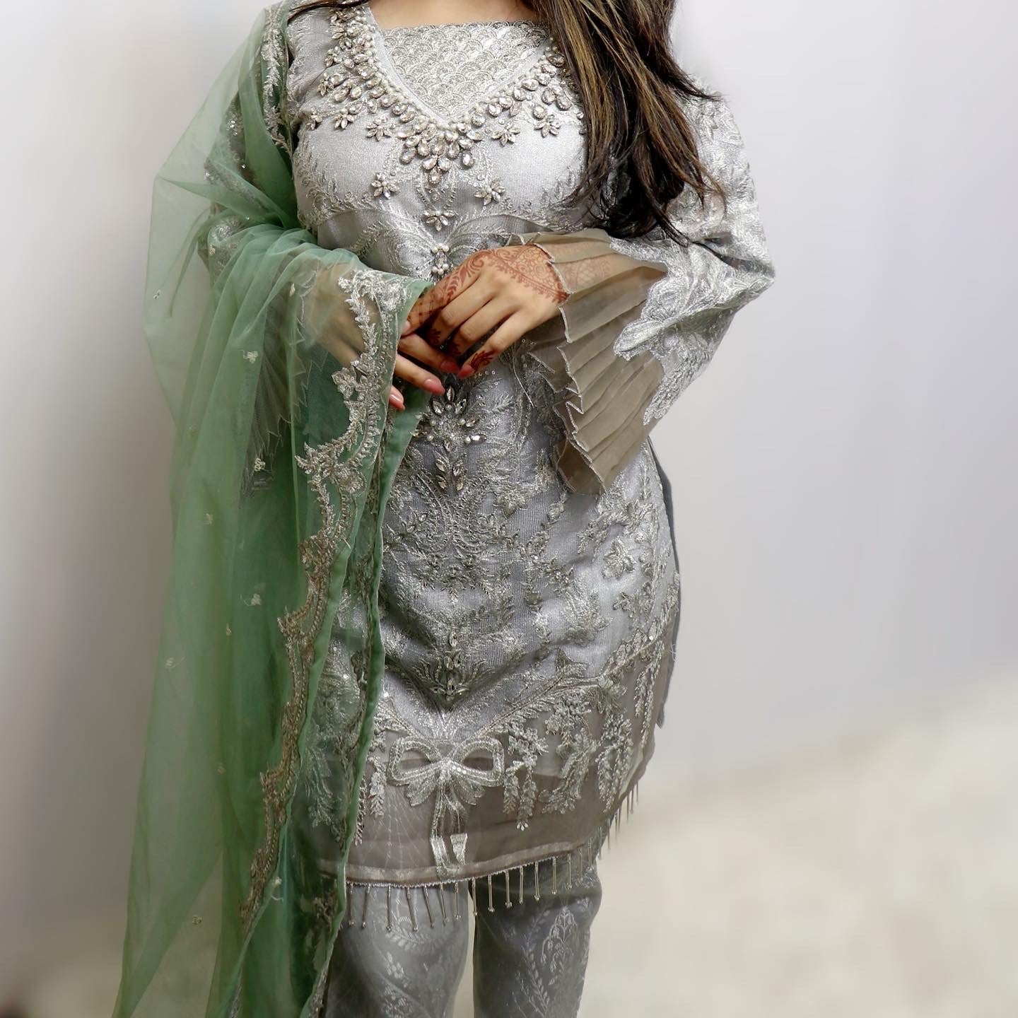 Silver and light green net party wear suit