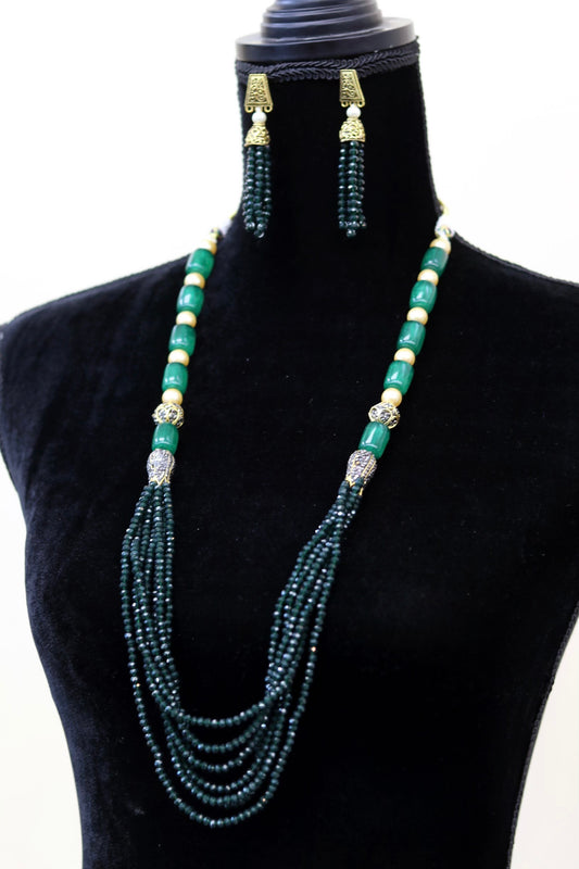 Emerald green long bead necklace set