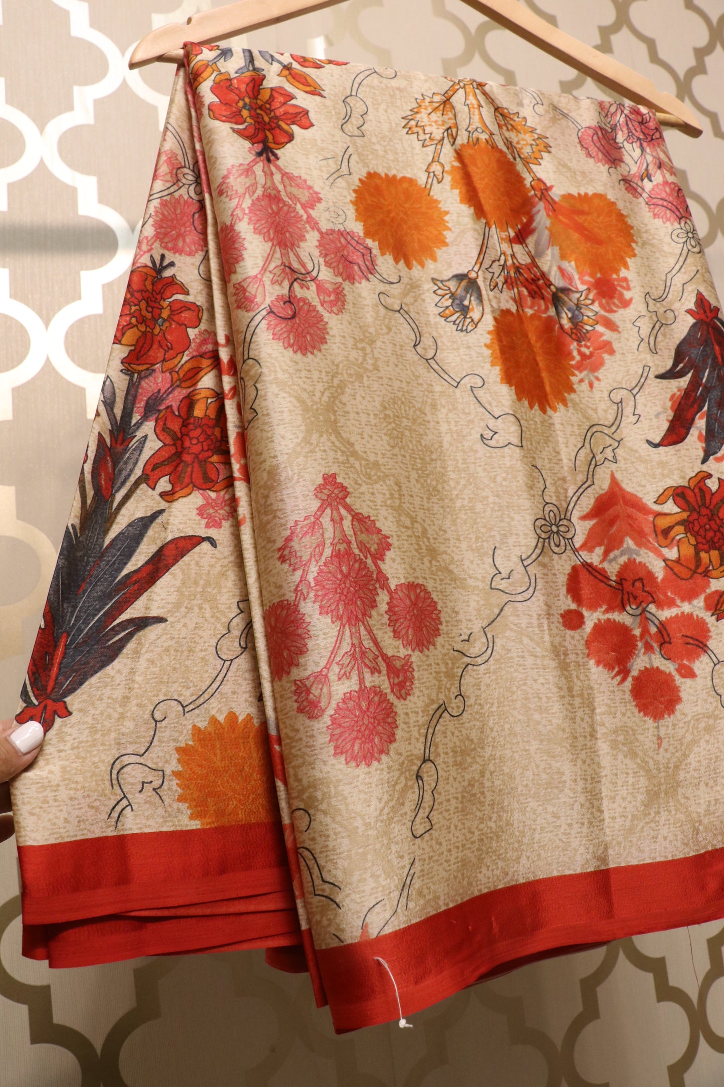 Satin silk print saree red florals