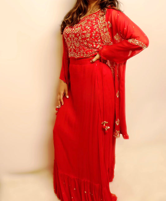 Red short duster style lehenga