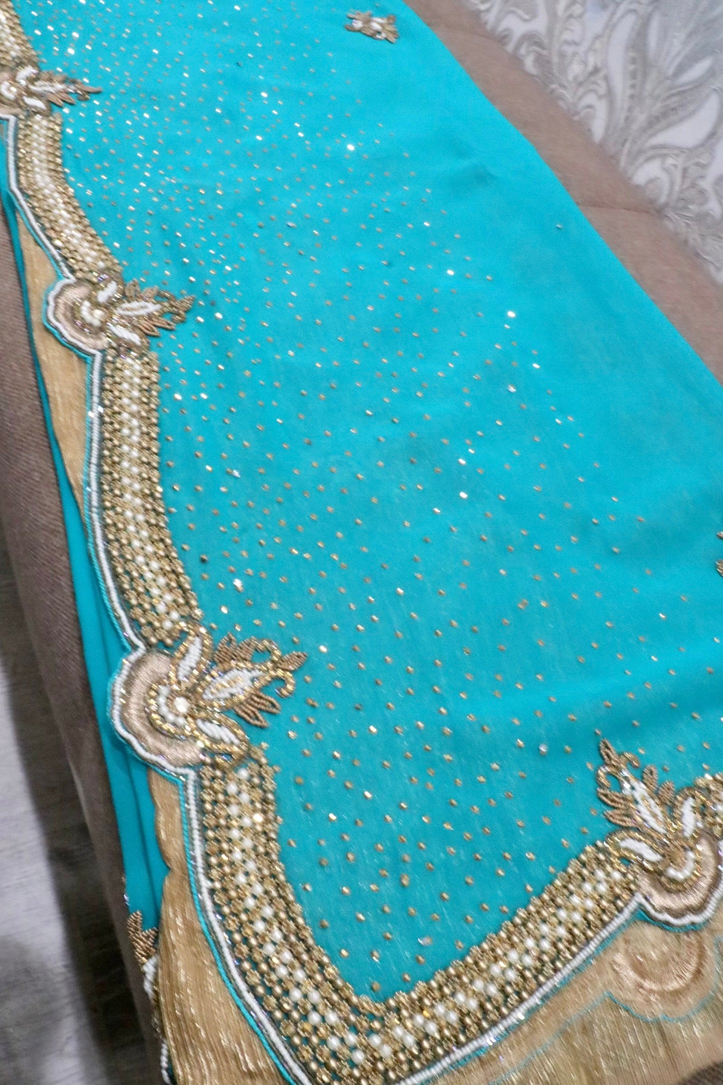 Heavy stone work party saree teal color - Selina Habibti Attire