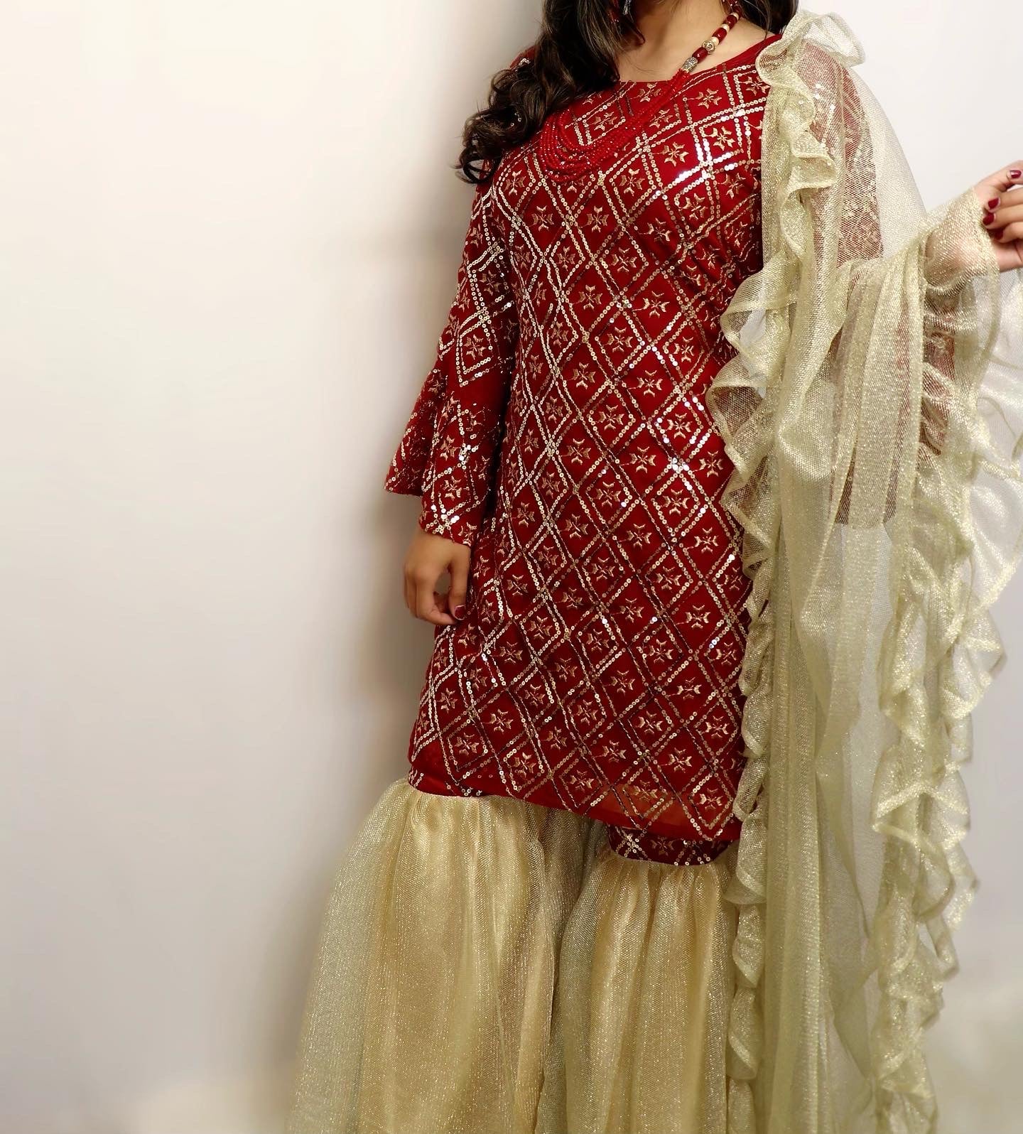 Red sequence georgette gharara suit