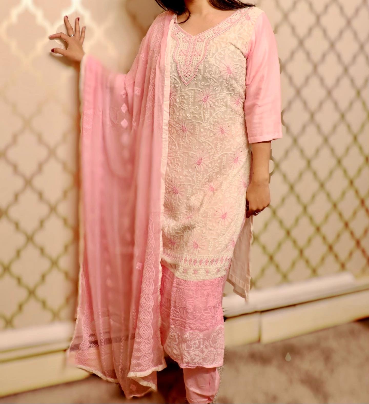Pink chiffon chikankari three piece