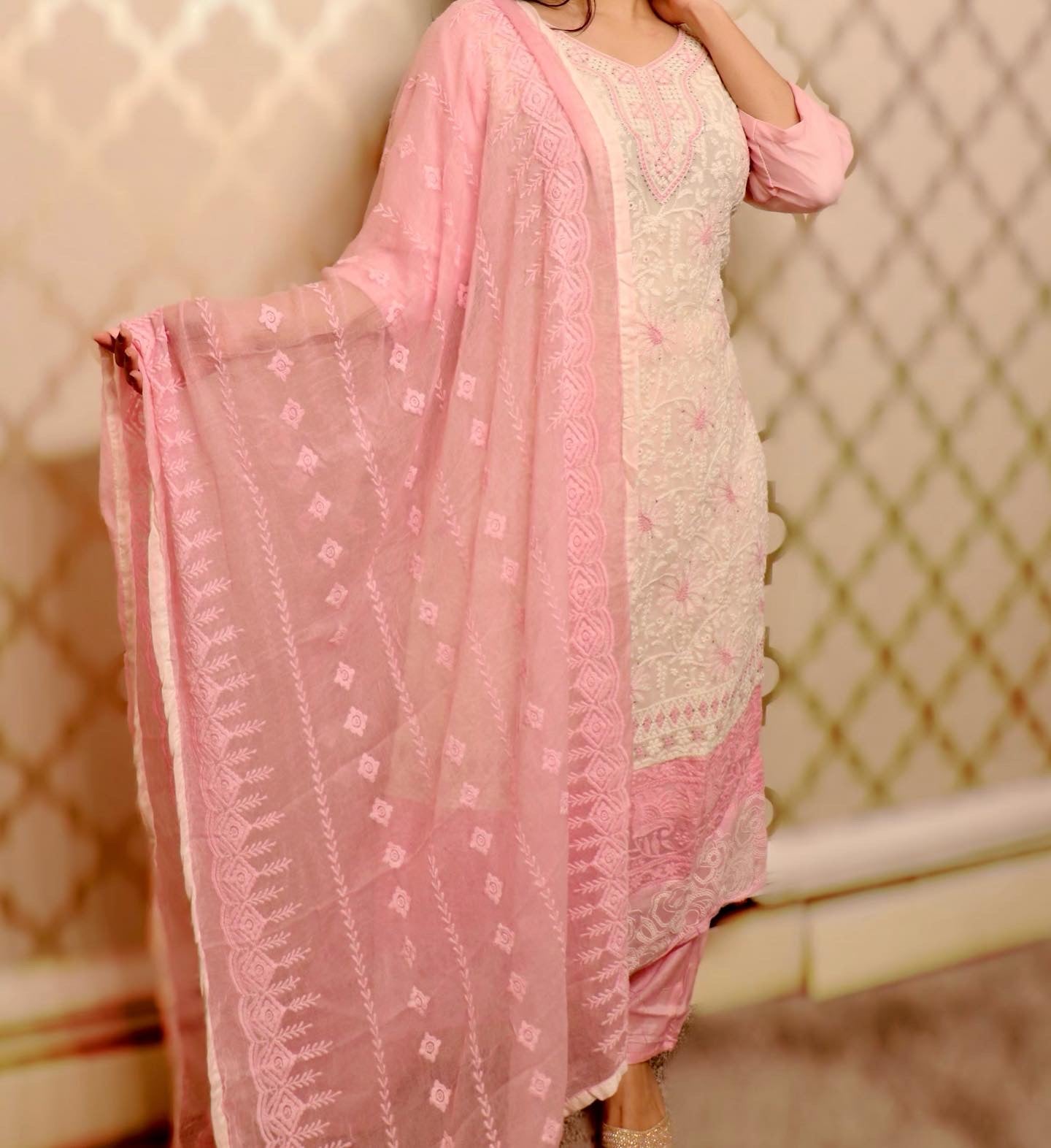 Pink chiffon chikankari three piece