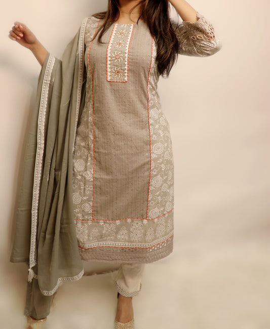 Grey cotton lace work outwear three piece