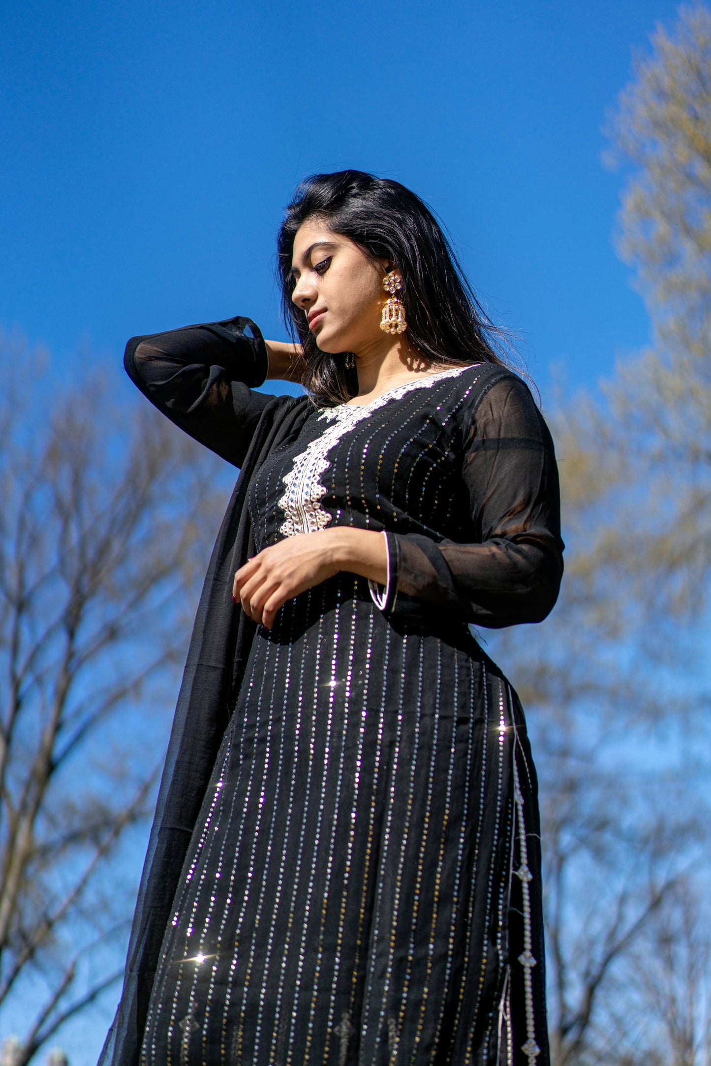 Black all over sequence work three piece - Selina Habibti Attire
