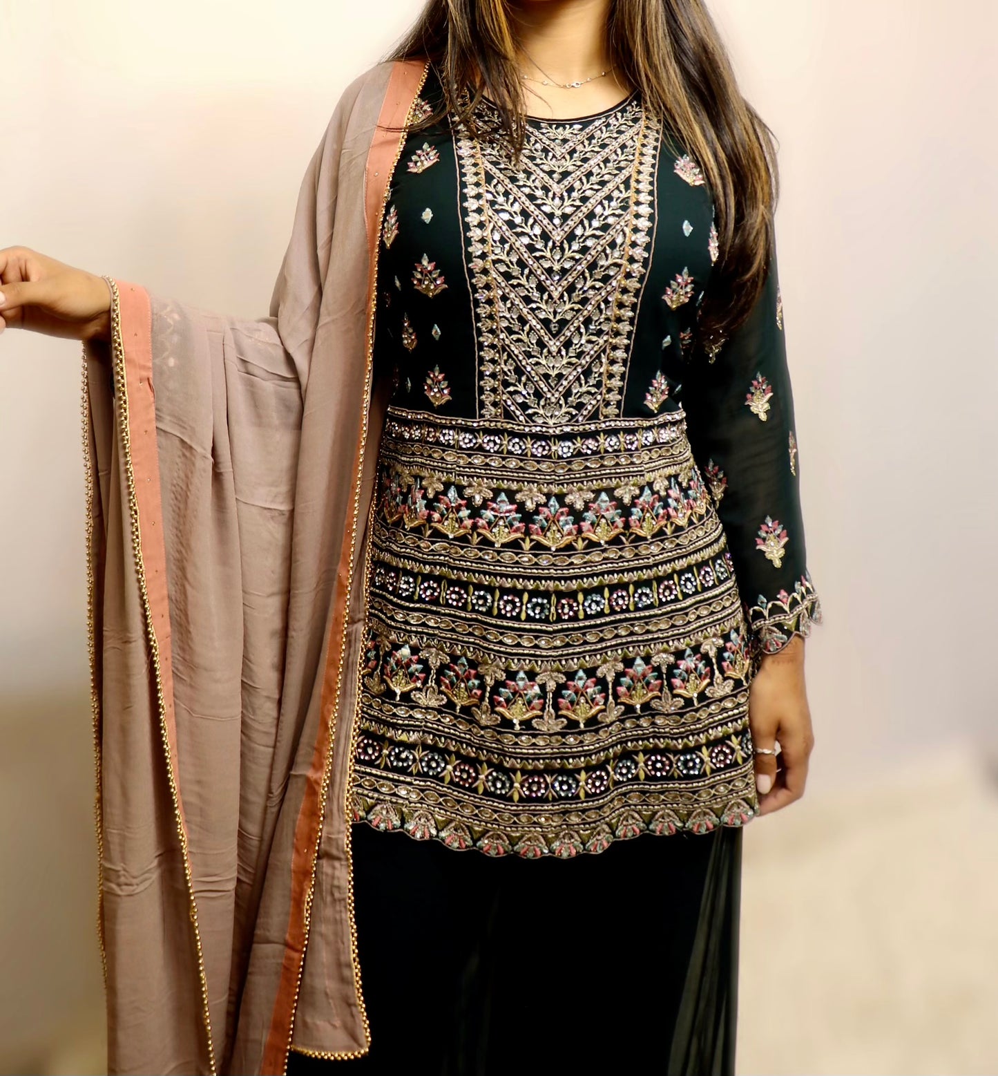 Green party wear short kameez suit