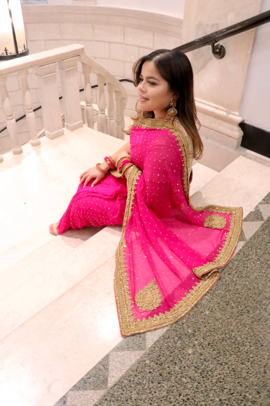 Pink georgette stone work saree