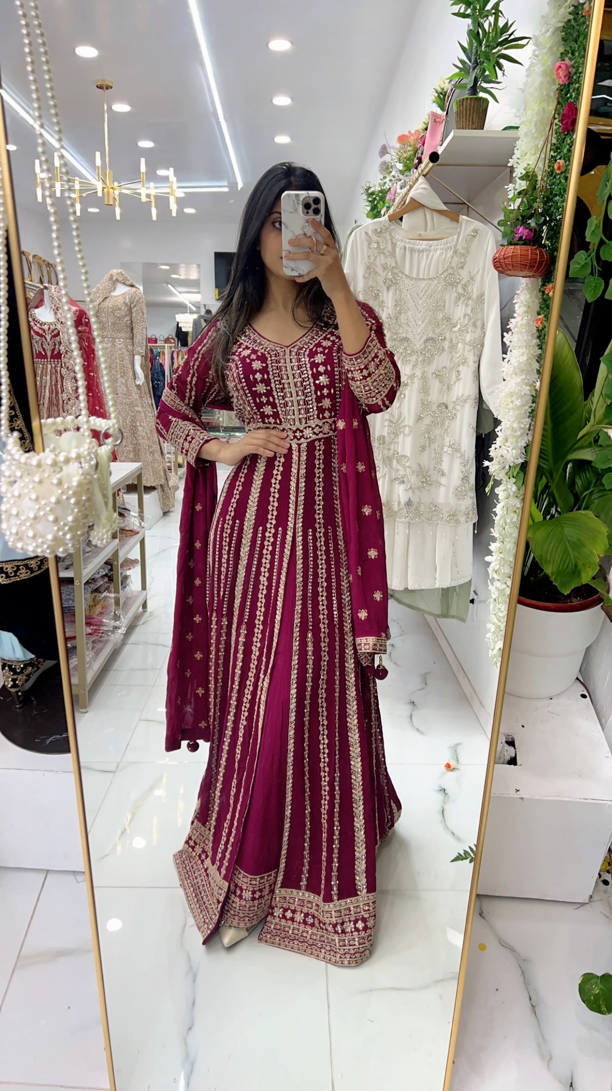 Plum middle slit gown with lehenga shirt
