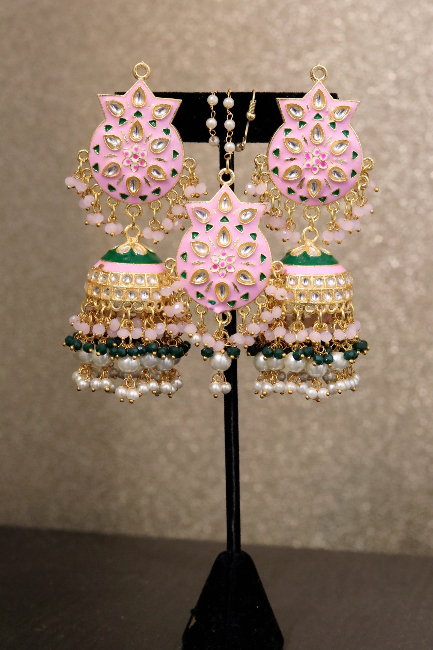 Pink green earring with headpiece set